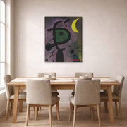 Gallery-wrapped canvas print of Joan Miró's 'L'arete Rouge Transperce Les Plumes Bleues De L'oiseau Au Pale Bec' displayed on a wall in a dining room