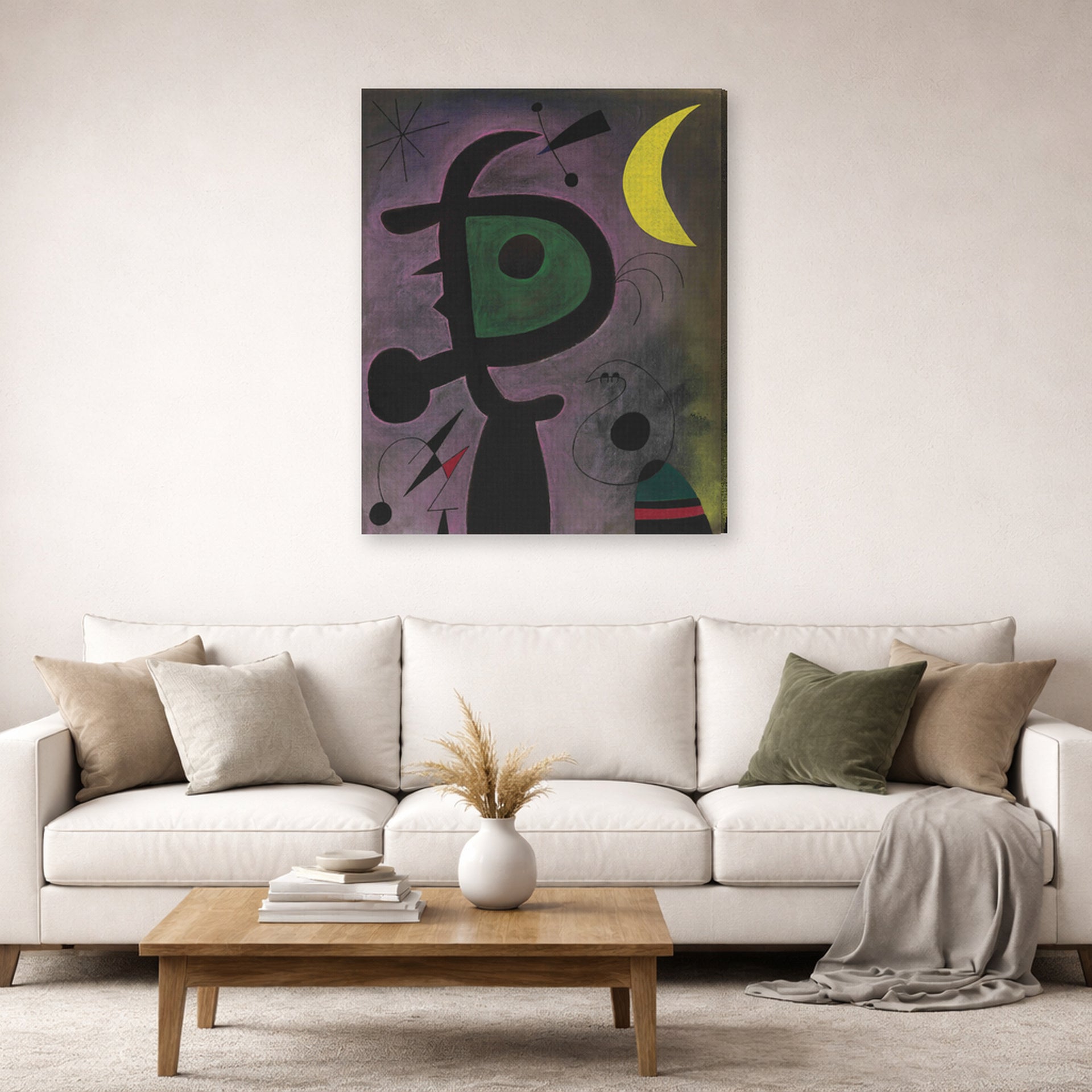 Gallery-wrapped canvas print of Joan Miró's 'L'arete Rouge Transperce Les Plumes Bleues De L'oiseau Au Pale Bec' displayed on a wall in a living room