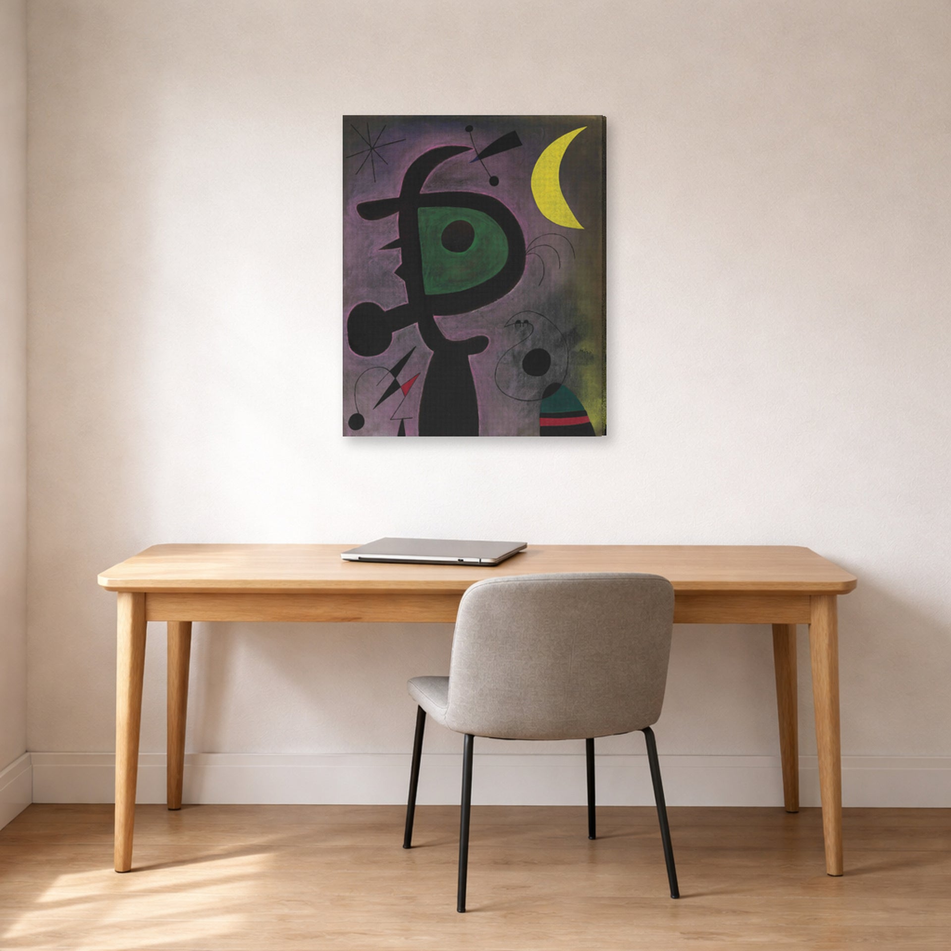 Gallery-wrapped canvas print of Joan Miró's 'L'arete Rouge Transperce Les Plumes Bleues De L'oiseau Au Pale Bec' displayed on a wall in a office
