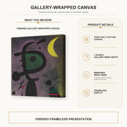 Joan Miró - L'arete Rouge Transperce Les Plumes Bleues De L'oiseau Au Pale Bec gallery wrap canvas construction and hanging details infographic