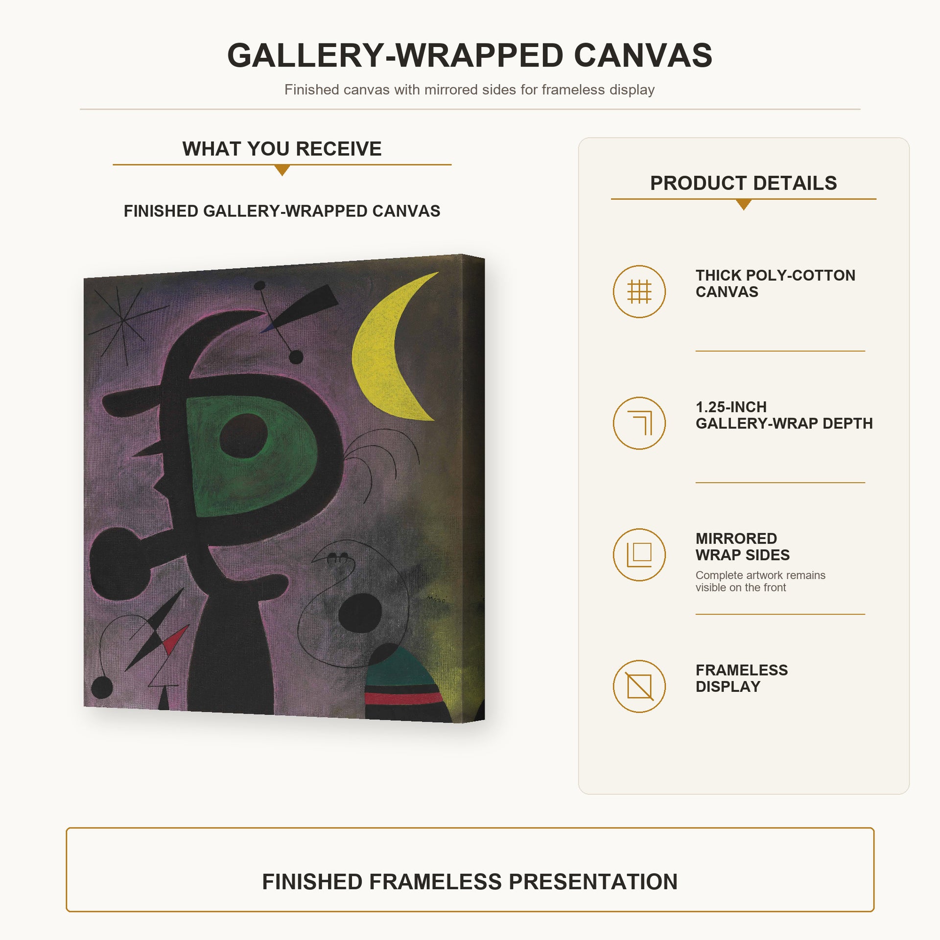 Joan Miró - L'arete Rouge Transperce Les Plumes Bleues De L'oiseau Au Pale Bec gallery wrap canvas construction and hanging details infographic
