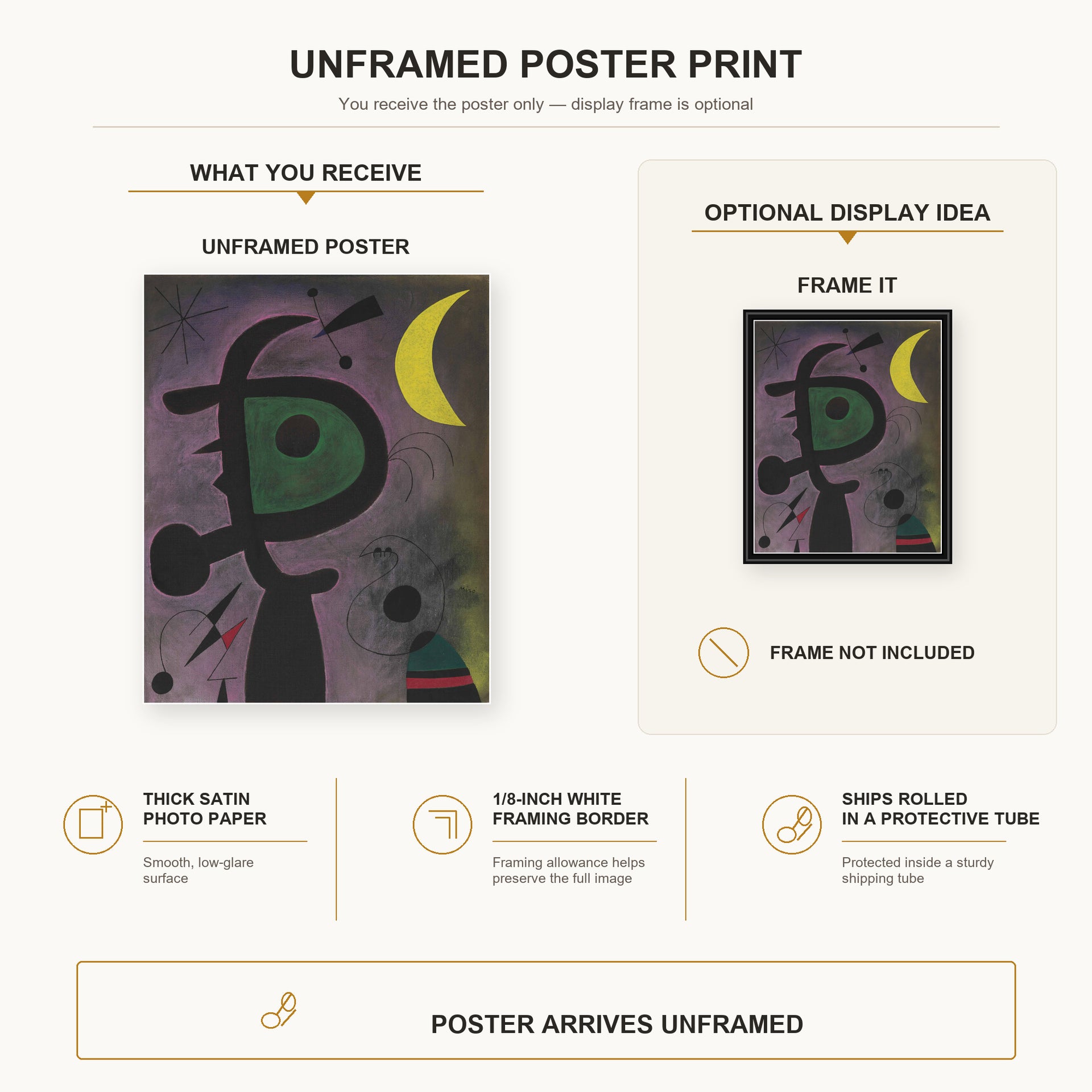 Joan Miró - L'arete Rouge Transperce Les Plumes Bleues De L'oiseau Au Pale Bec poster print size comparison and framing display infographic