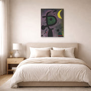 Unframed poster print of Joan Miró's 'L'arete Rouge Transperce Les Plumes Bleues De L'oiseau Au Pale Bec' displayed on a wall in a bedroom