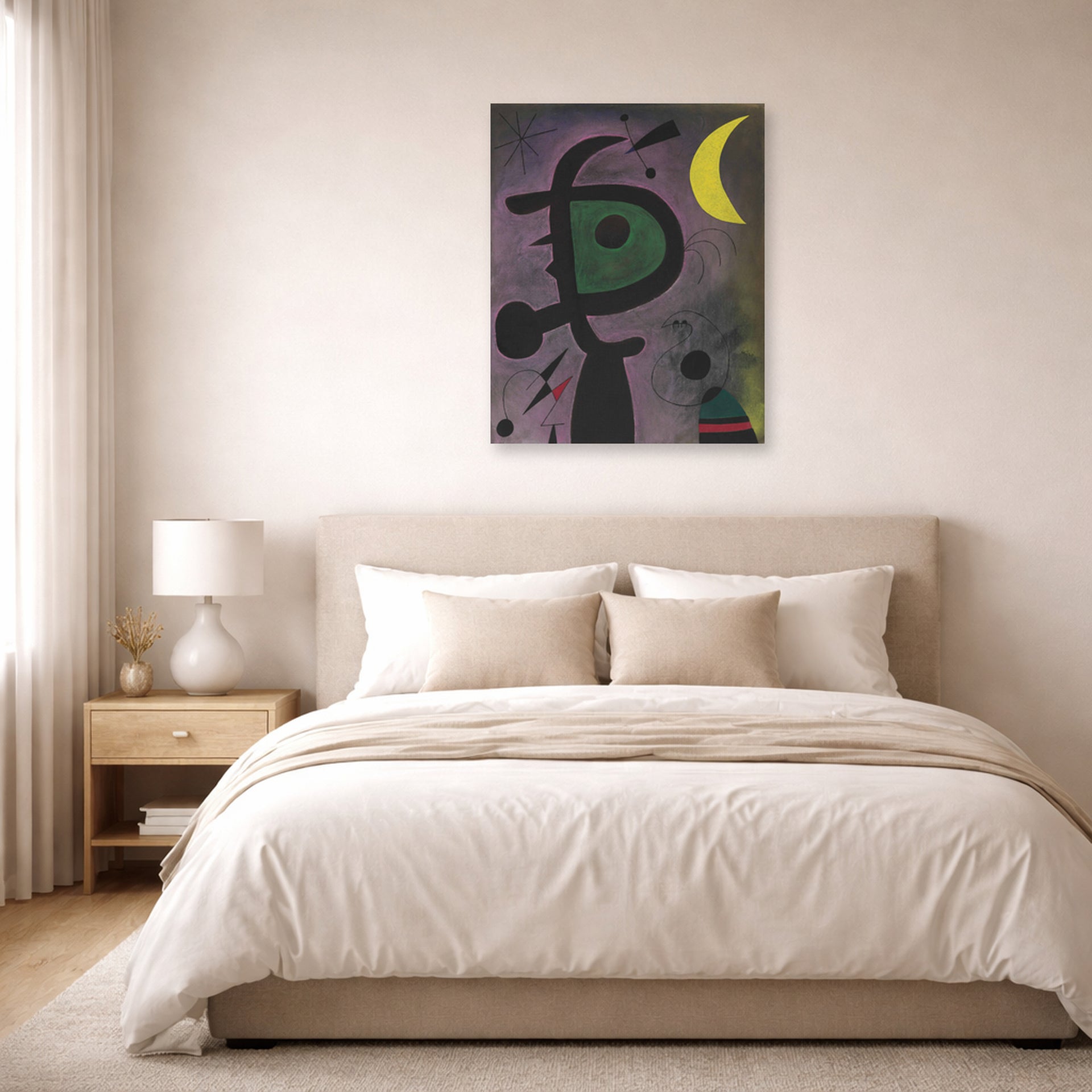 Unframed poster print of Joan Miró's 'L'arete Rouge Transperce Les Plumes Bleues De L'oiseau Au Pale Bec' displayed on a wall in a bedroom