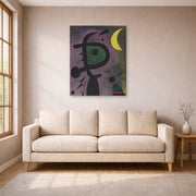 Unframed poster print of Joan Miró's 'L'arete Rouge Transperce Les Plumes Bleues De L'oiseau Au Pale Bec' displayed on a wall in a living room