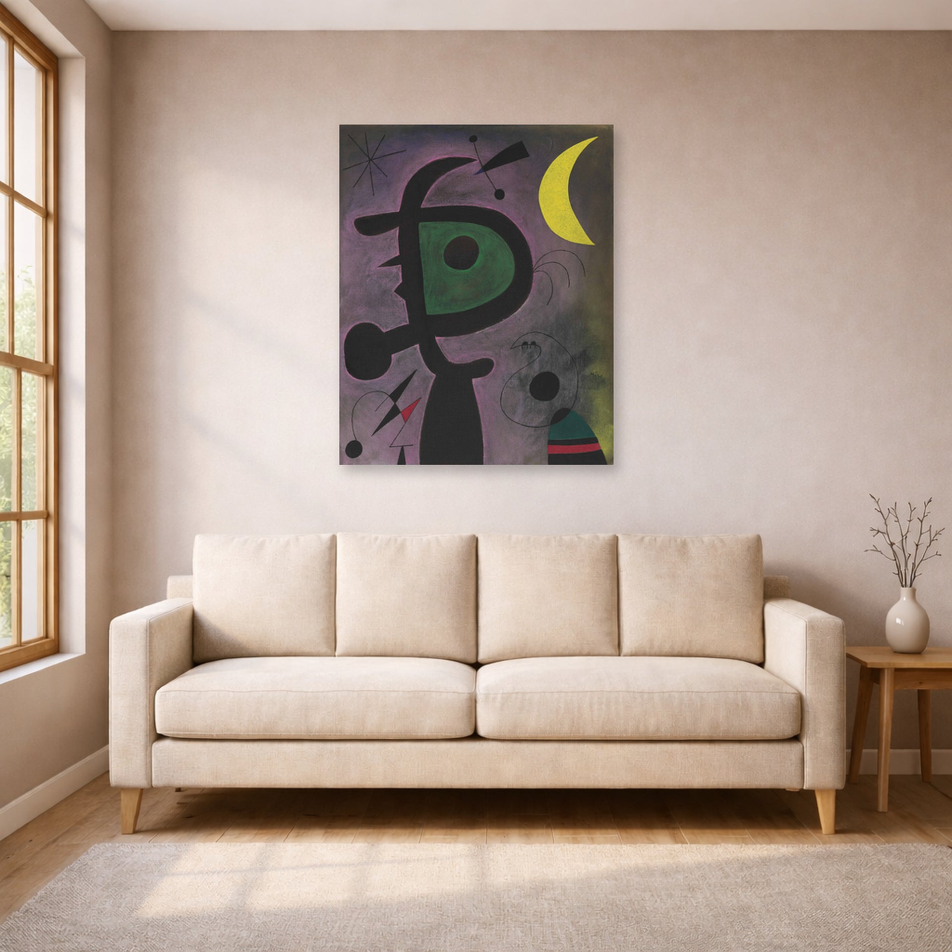 Unframed poster print of Joan Miró's 'L'arete Rouge Transperce Les Plumes Bleues De L'oiseau Au Pale Bec' displayed on a wall in a living room