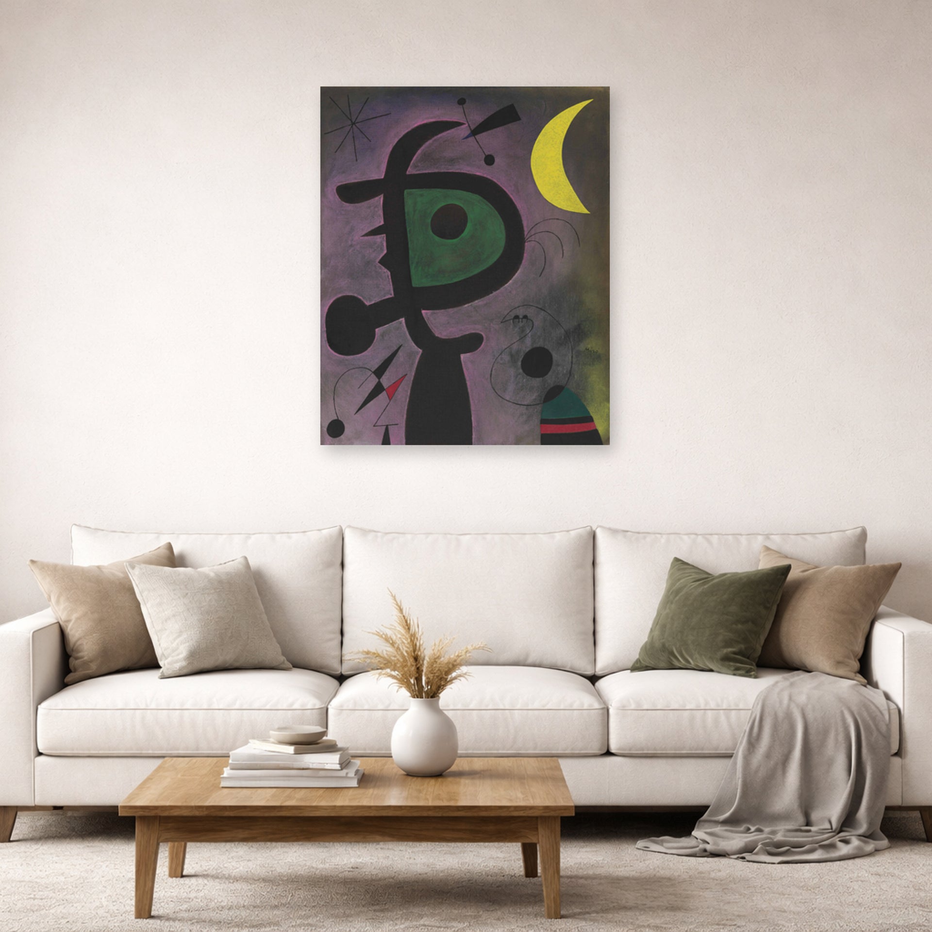 Unframed poster print of Joan Miró's 'L'arete Rouge Transperce Les Plumes Bleues De L'oiseau Au Pale Bec' displayed on a wall in a living room