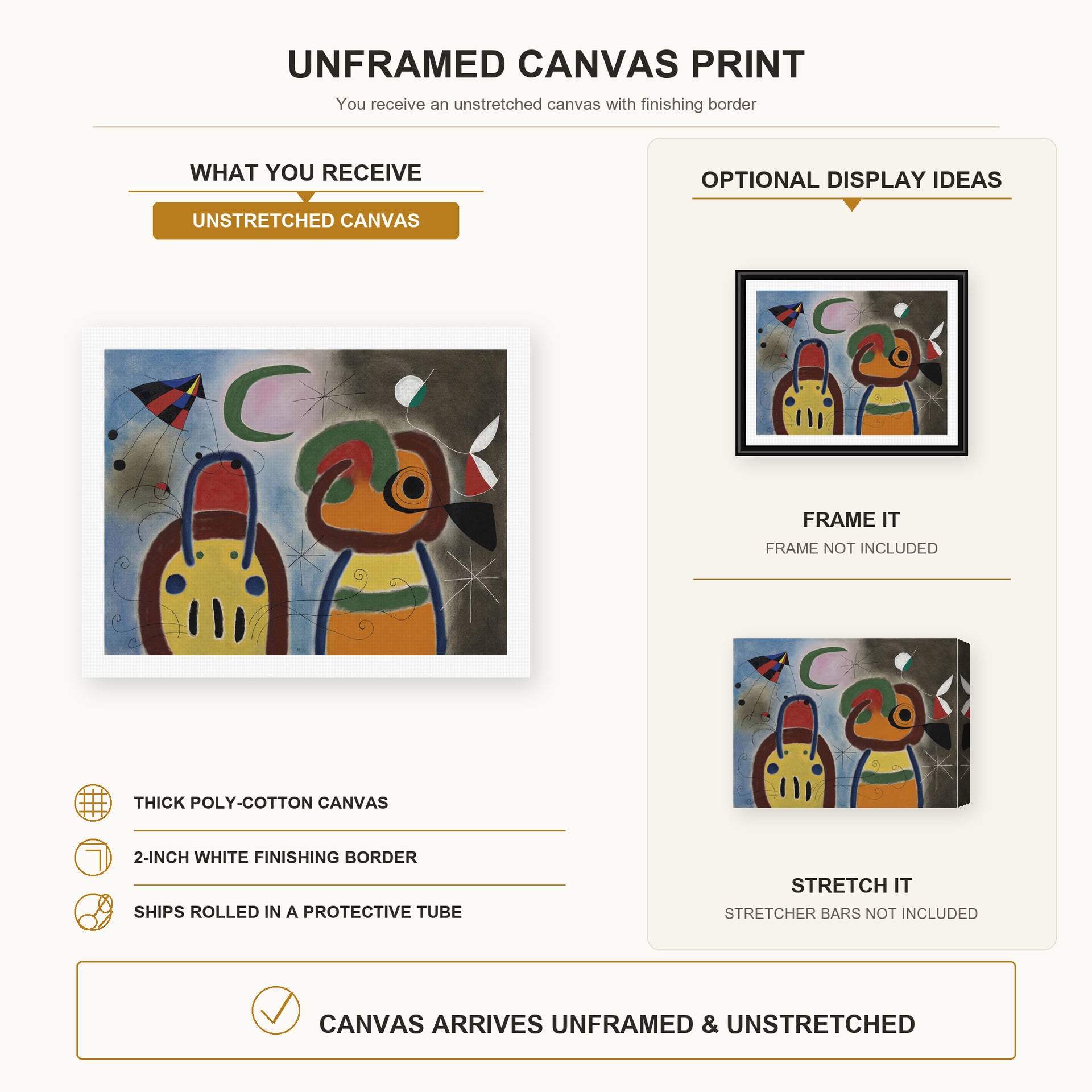 Joan Miró - L'oiseau Au Plummage Deploye canvas print size comparison and framing display infographic