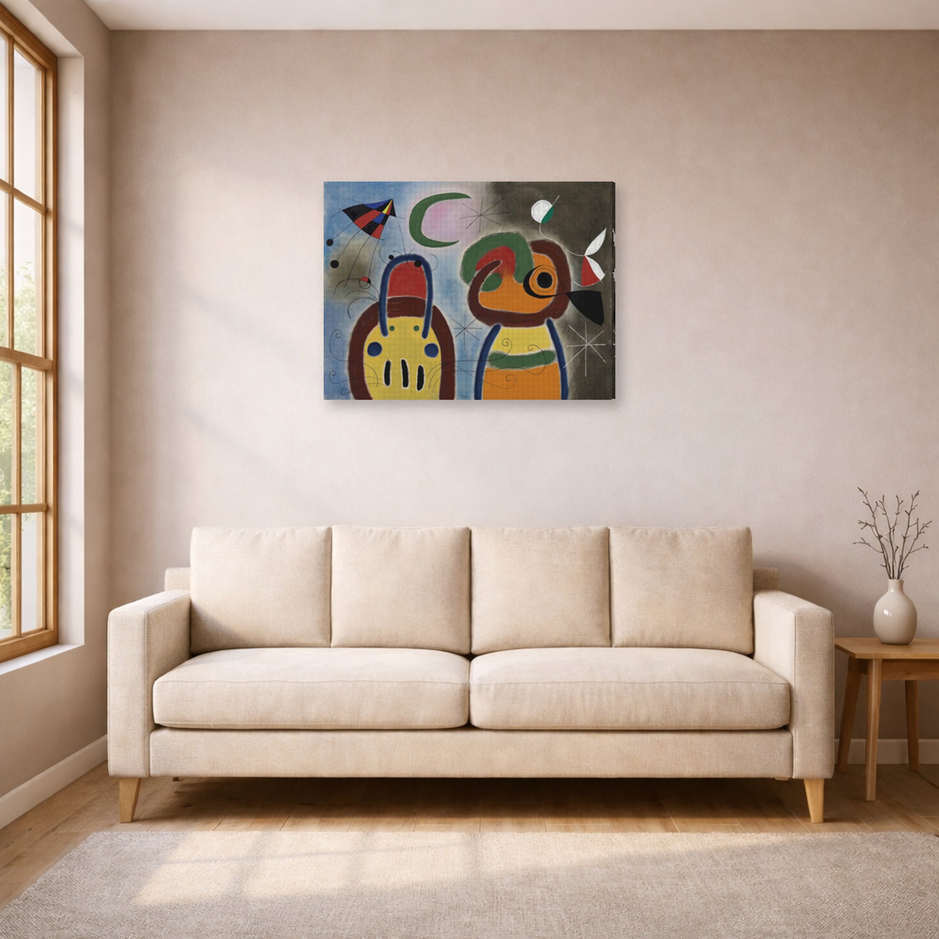 Gallery-wrapped canvas print of Joan Miró's 'L'oiseau Au Plummage Deploye' displayed on a wall in a living room
