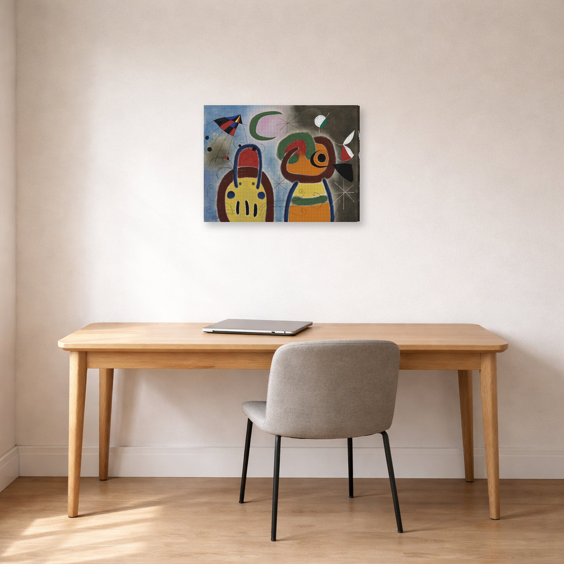 Gallery-wrapped canvas print of Joan Miró's 'L'oiseau Au Plummage Deploye' displayed on a wall in a office