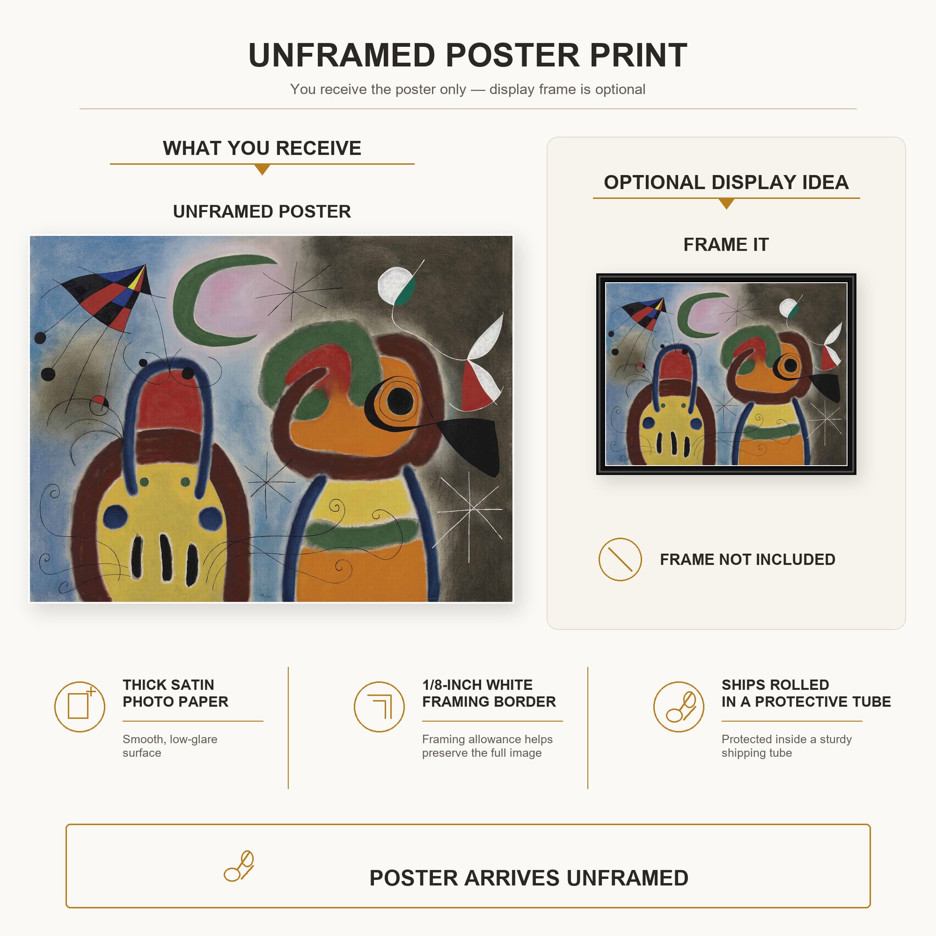 Joan Miró - L'oiseau Au Plummage Deploye poster print size comparison and framing display infographic