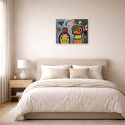 Unframed poster print of Joan Miró's 'L'oiseau Au Plummage Deploye' displayed on a wall in a bedroom