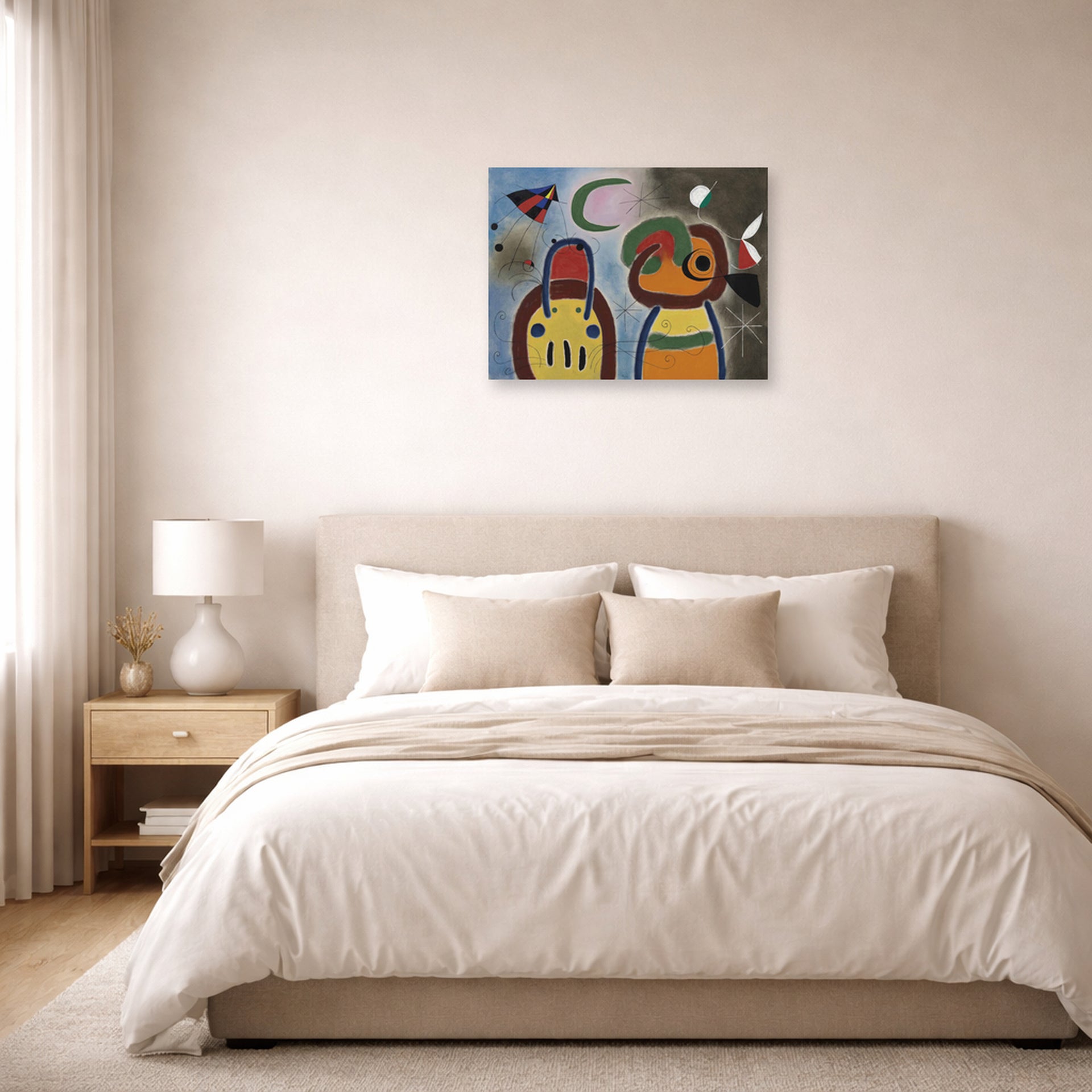 Unframed poster print of Joan Miró's 'L'oiseau Au Plummage Deploye' displayed on a wall in a bedroom