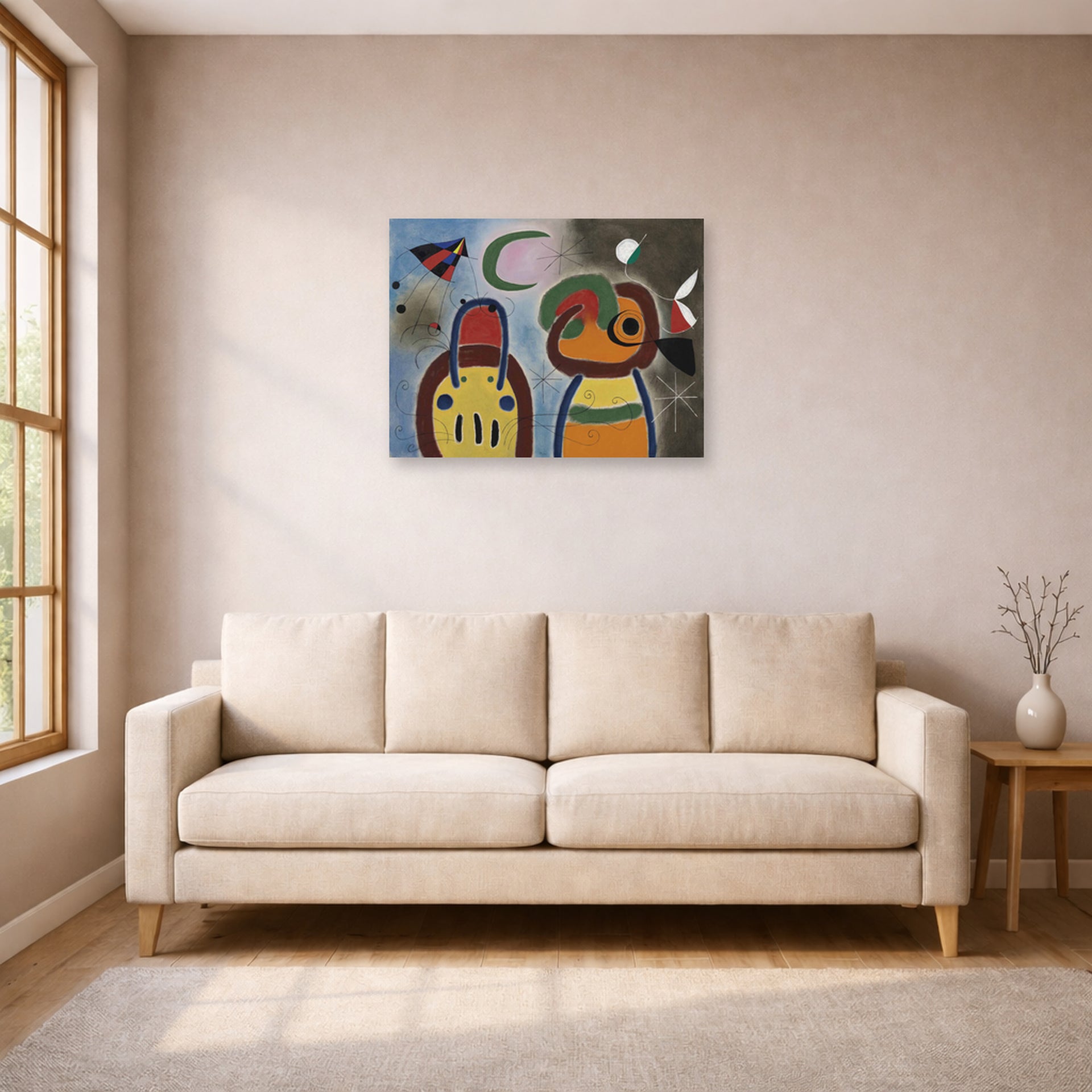 Unframed poster print of Joan Miró's 'L'oiseau Au Plummage Deploye' displayed on a wall in a living room