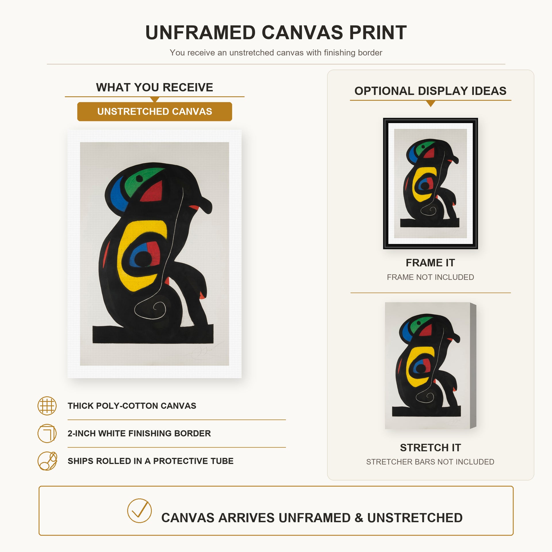 Joan Miró - La Brahmane canvas print size comparison and framing display infographic