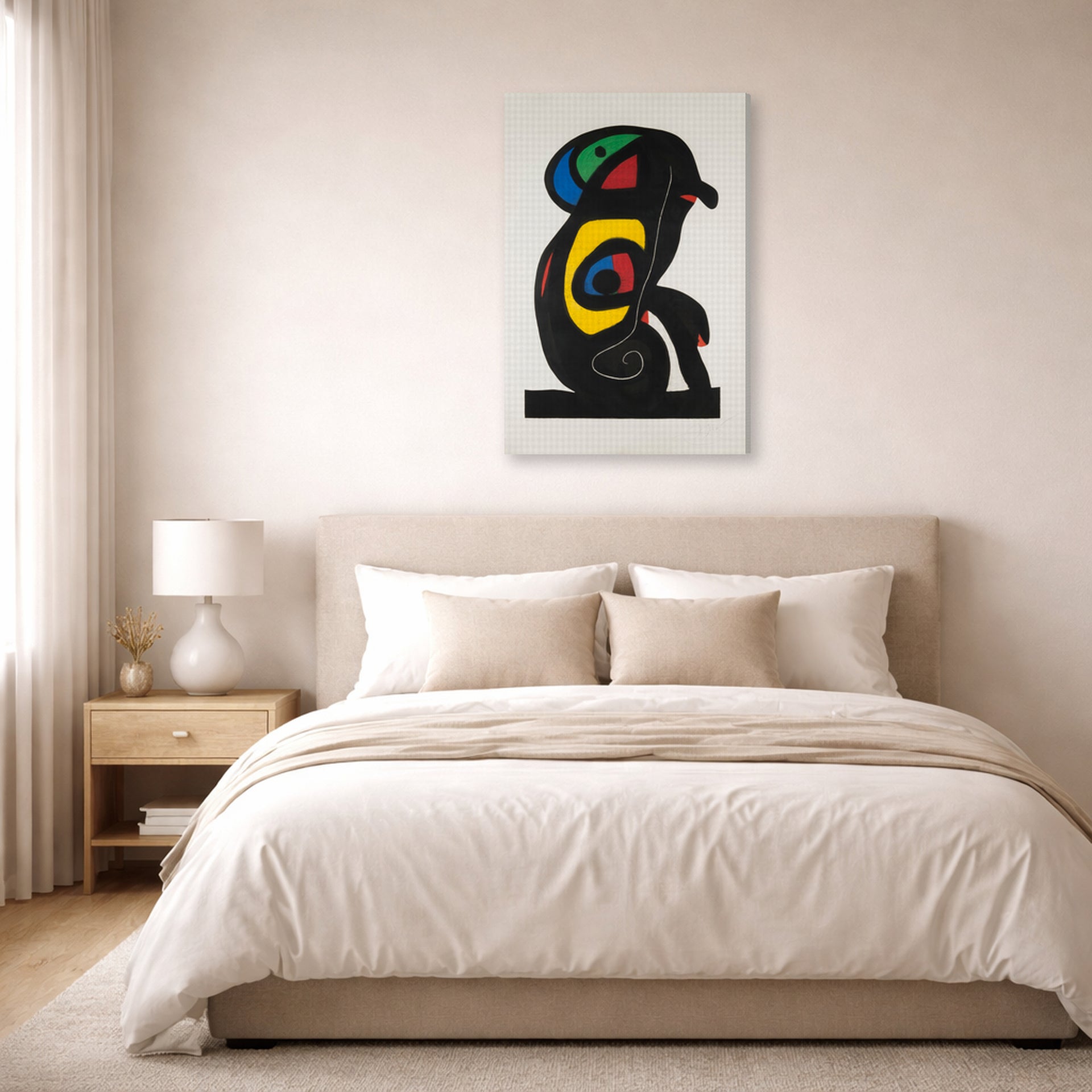 Gallery-wrapped canvas print of Joan Miró's 'La Brahmane' displayed on a wall in a bedroom