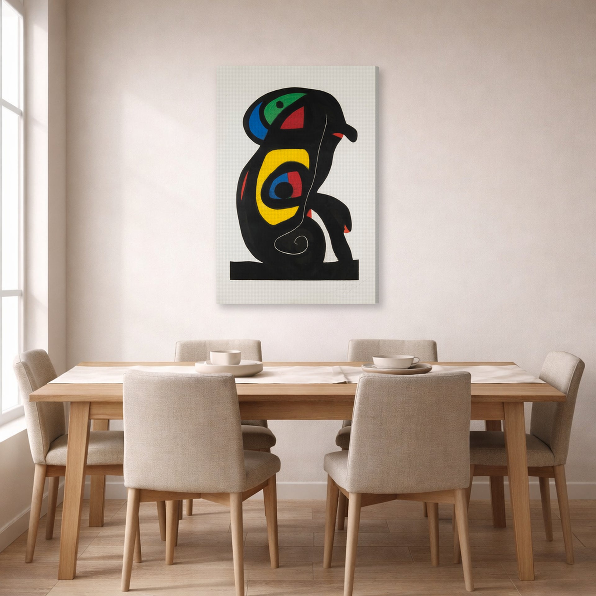 Gallery-wrapped canvas print of Joan Miró's 'La Brahmane' displayed on a wall in a dining room