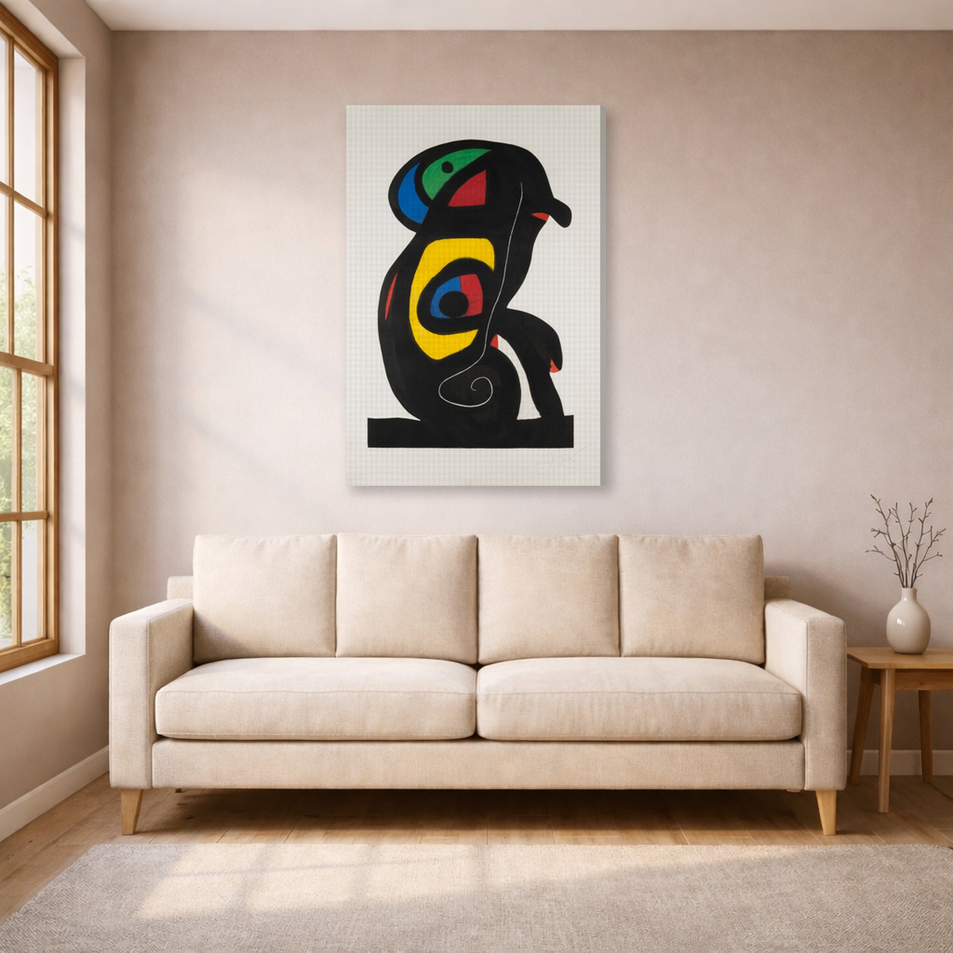 Gallery-wrapped canvas print of Joan Miró's 'La Brahmane' displayed on a wall in a living room