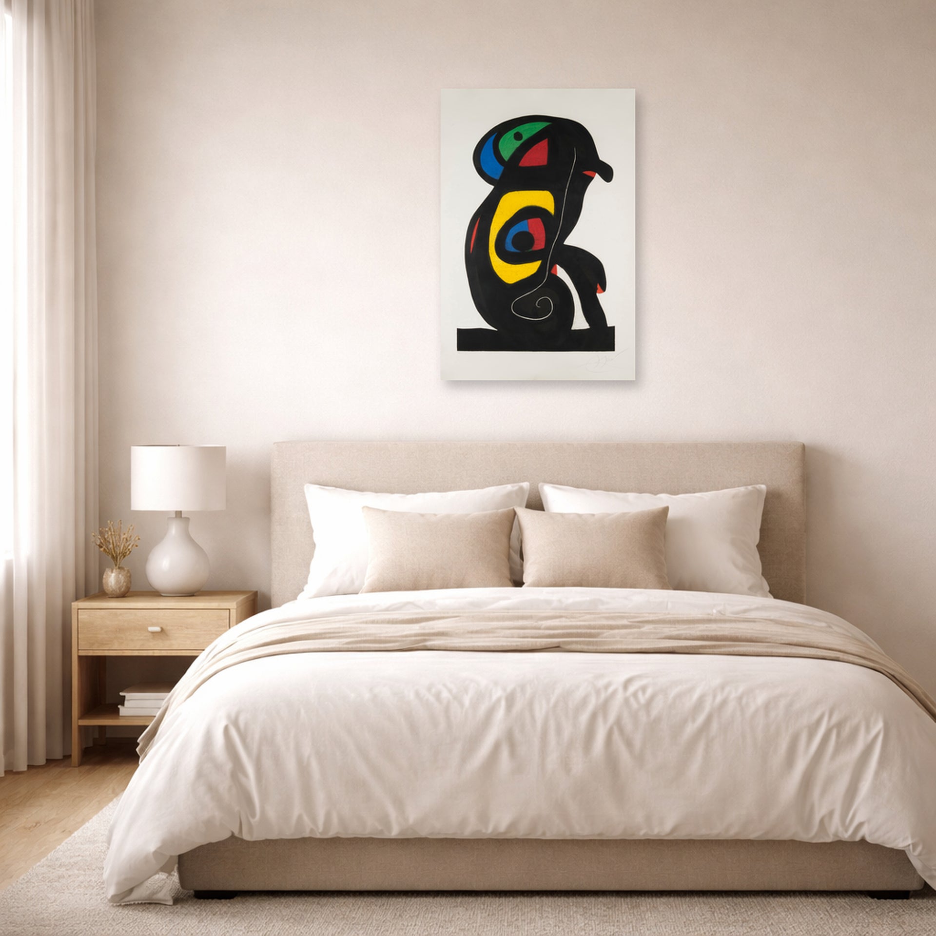 Unframed poster print of Joan Miró's 'La Brahmane' displayed on a wall in a bedroom