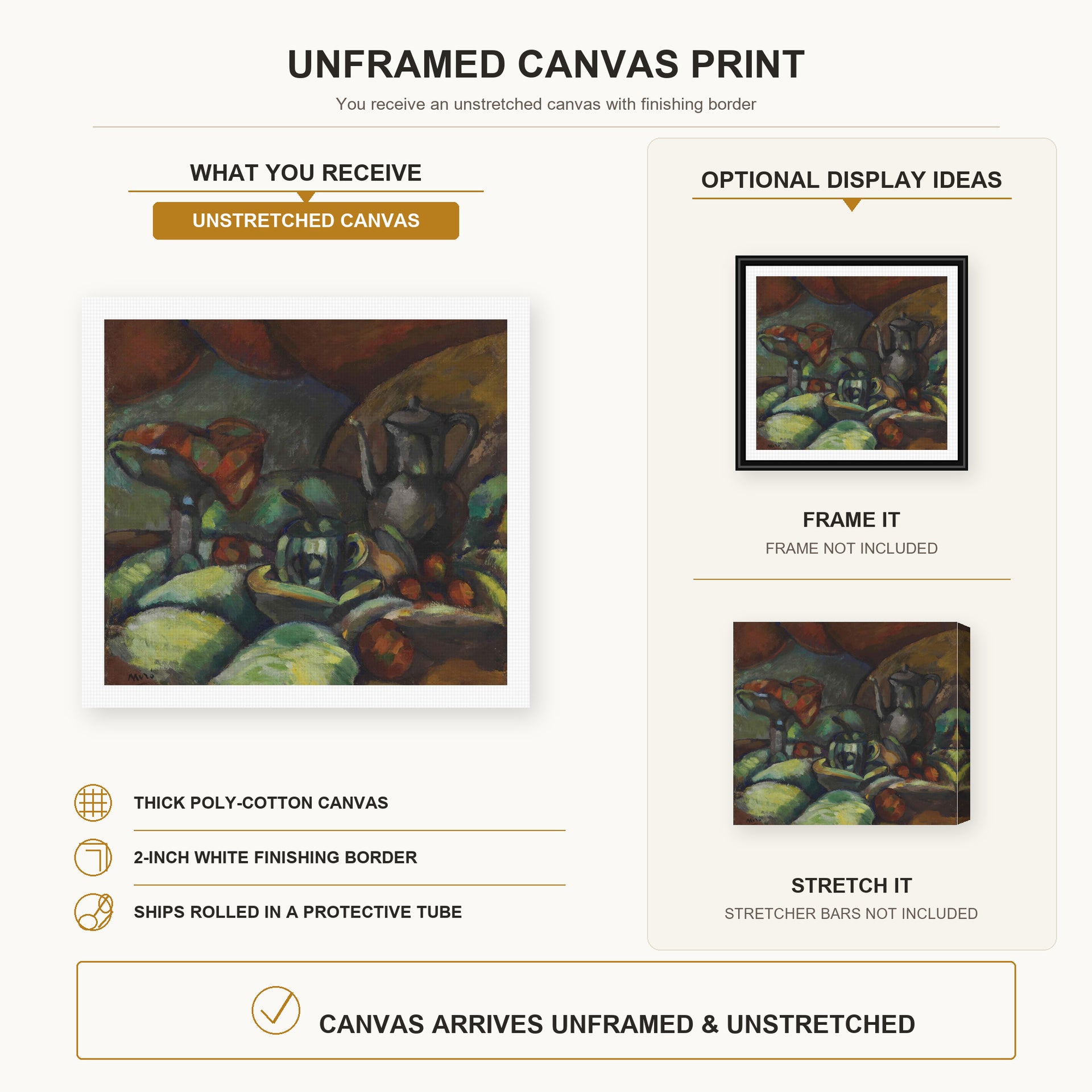 Joan Miró - La Cafetiere canvas print size comparison and framing display infographic