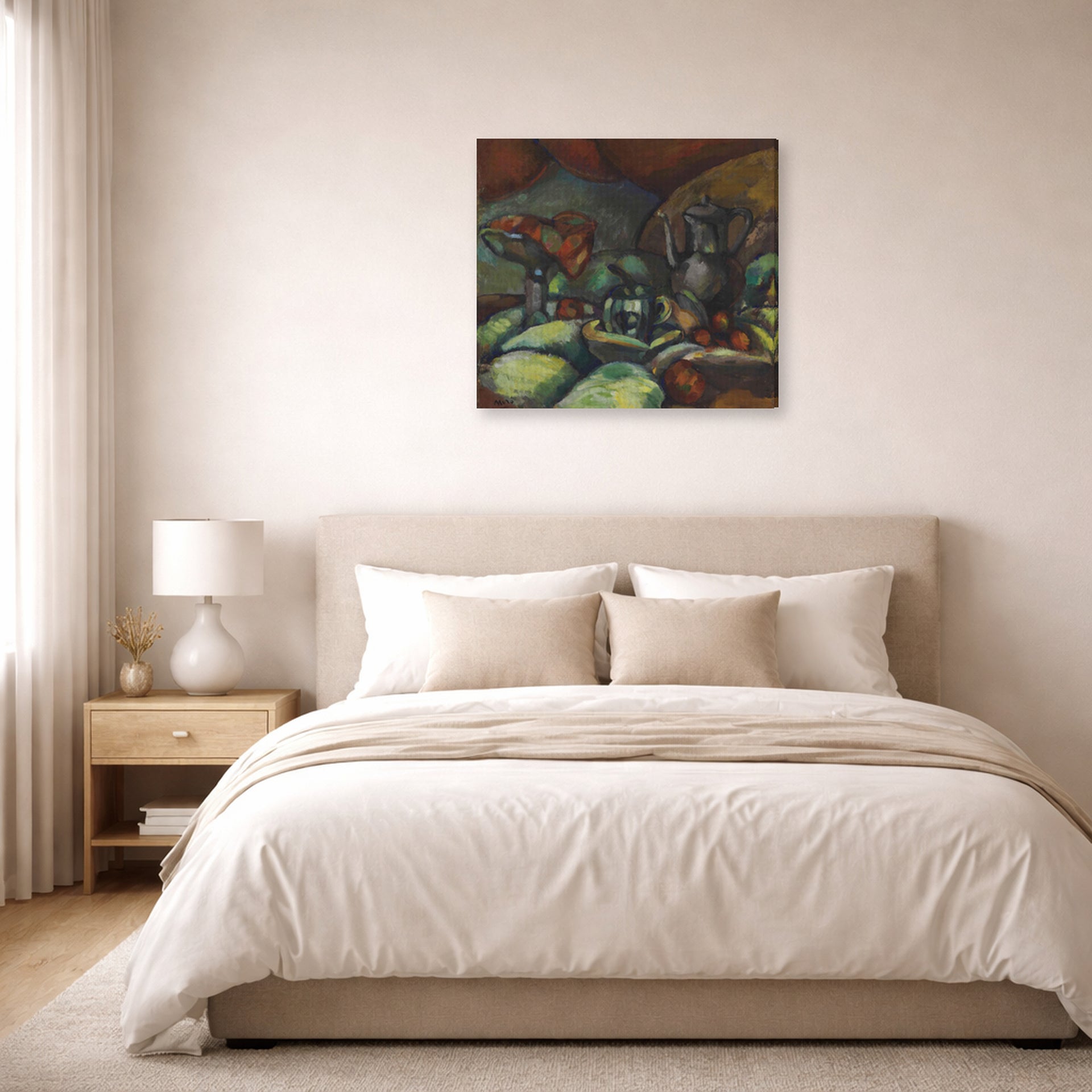 Gallery-wrapped canvas print of Joan Miró's 'La Cafetiere' displayed on a wall in a bedroom