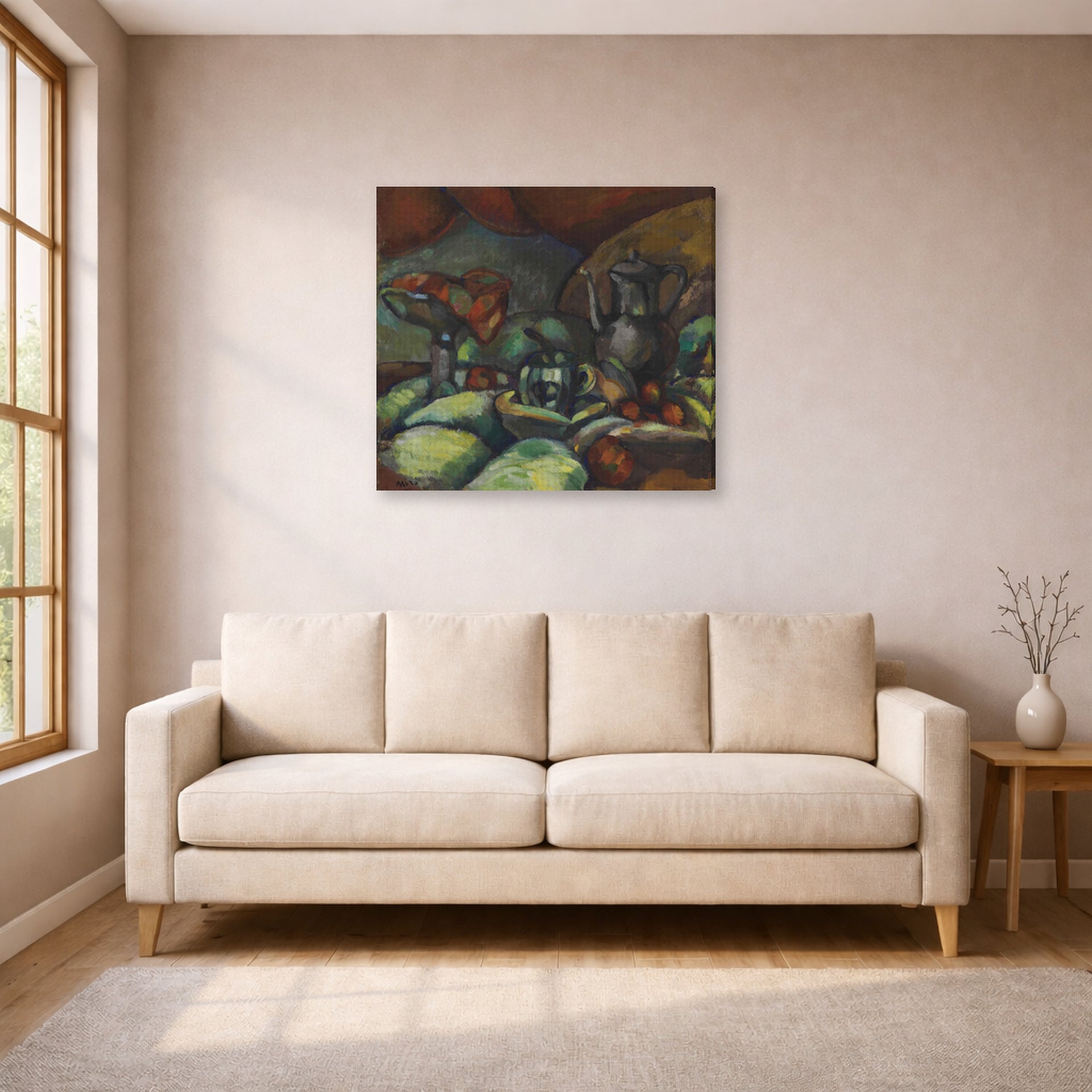 Gallery-wrapped canvas print of Joan Miró's 'La Cafetiere' displayed on a wall in a living room