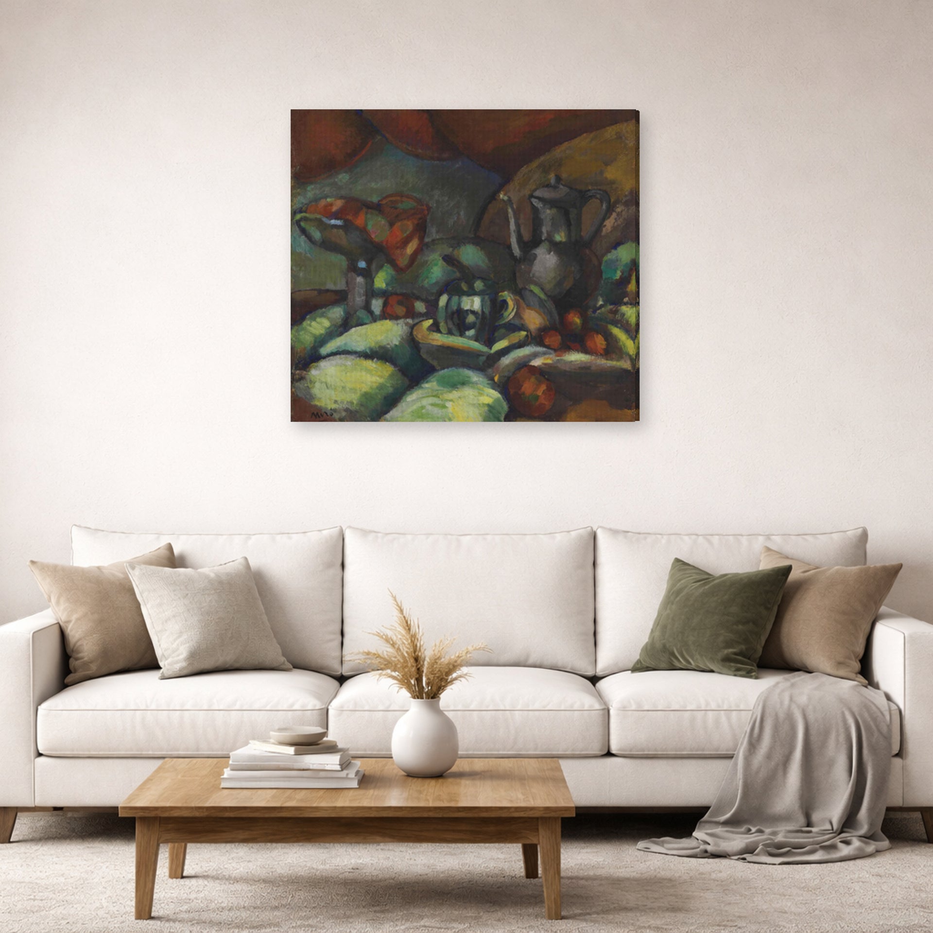 Gallery-wrapped canvas print of Joan Miró's 'La Cafetiere' displayed on a wall in a living room