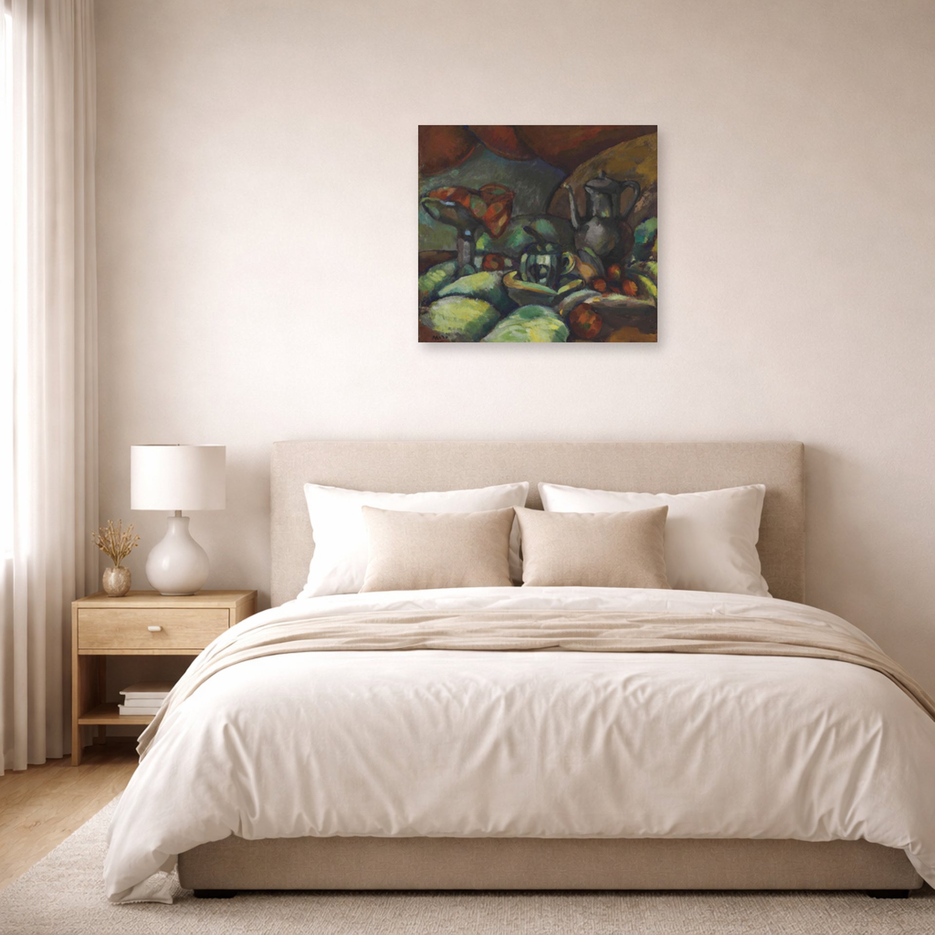 Unframed poster print of Joan Miró's 'La Cafetiere' displayed on a wall in a bedroom