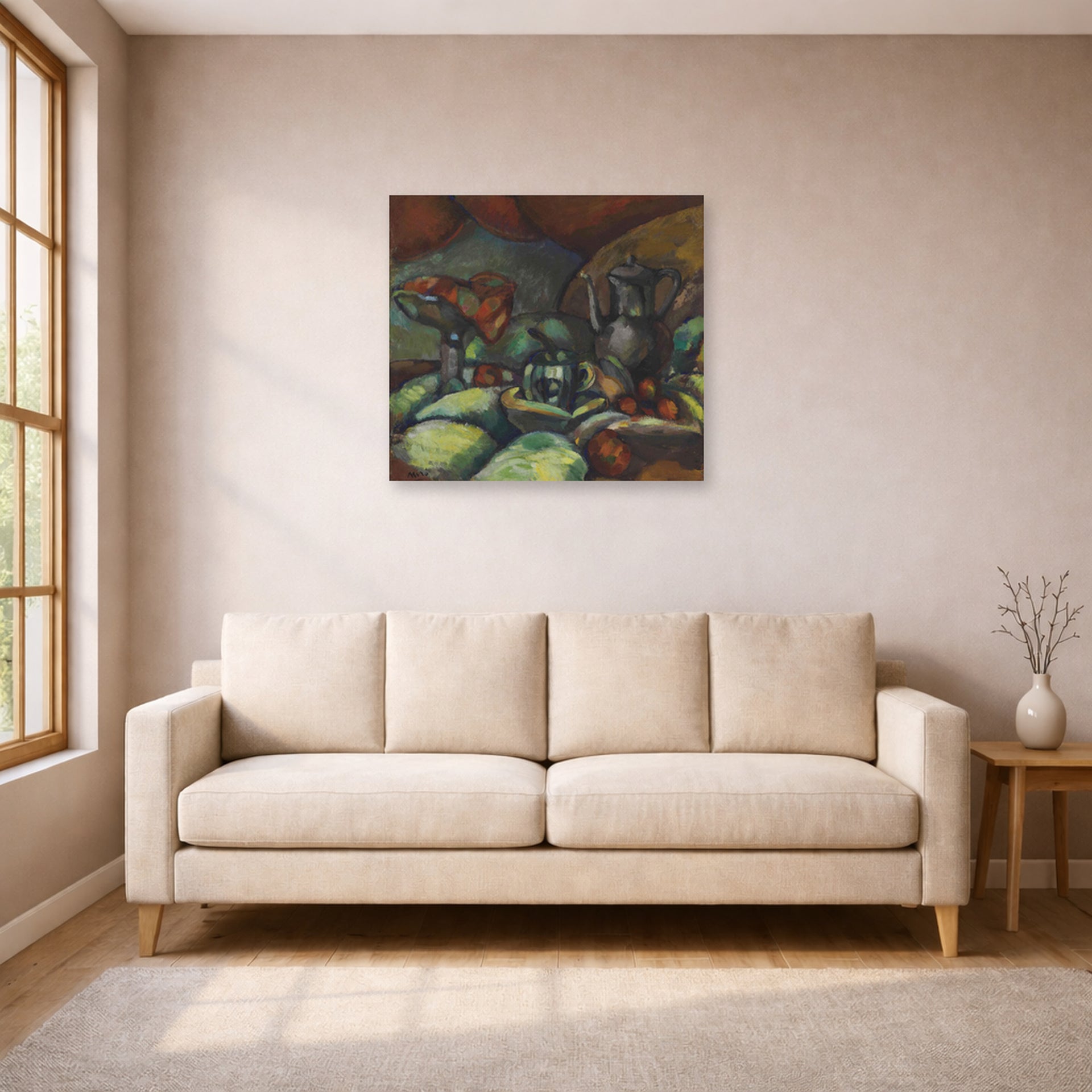 Unframed poster print of Joan Miró's 'La Cafetiere' displayed on a wall in a living room