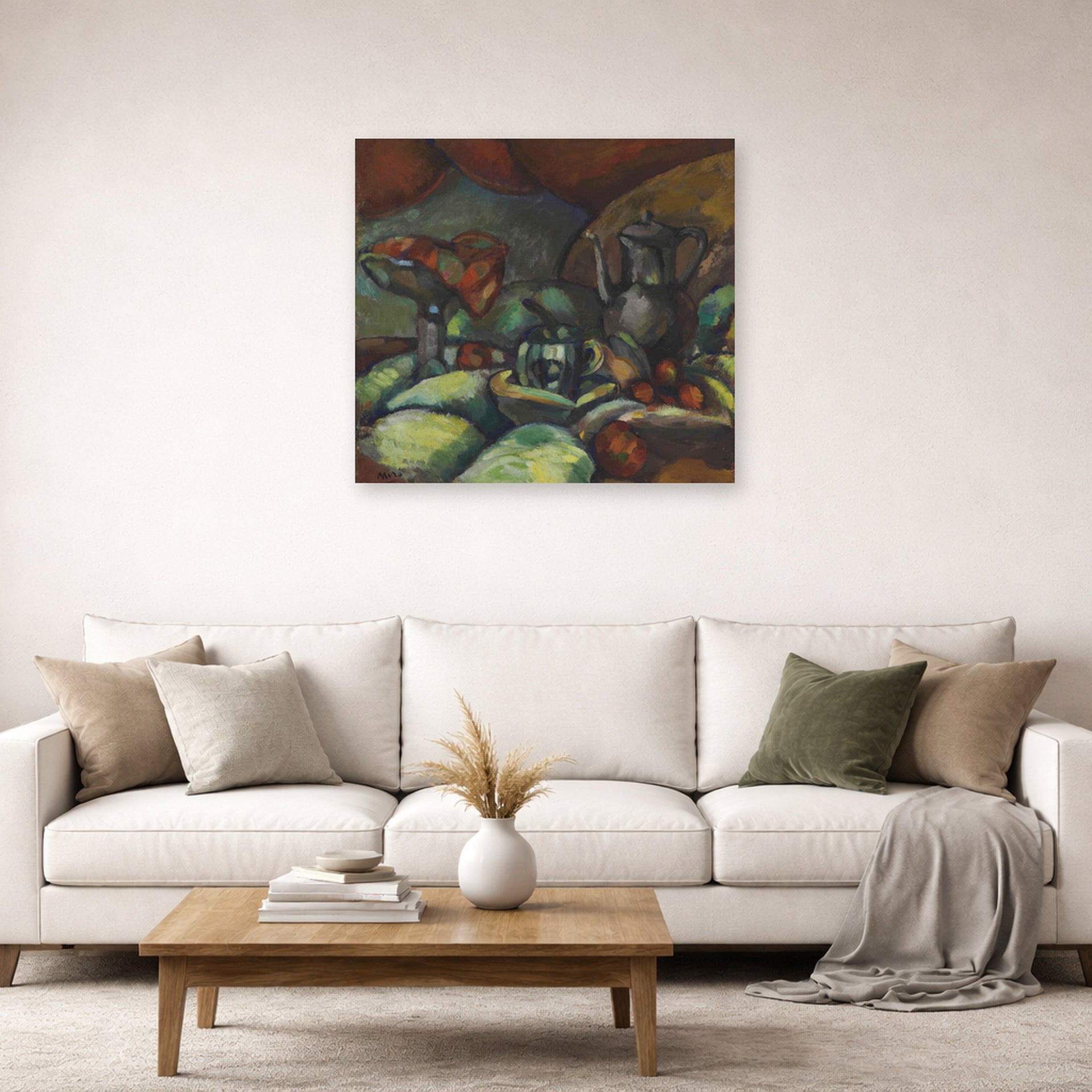 Unframed poster print of Joan Miró's 'La Cafetiere' displayed on a wall in a living room