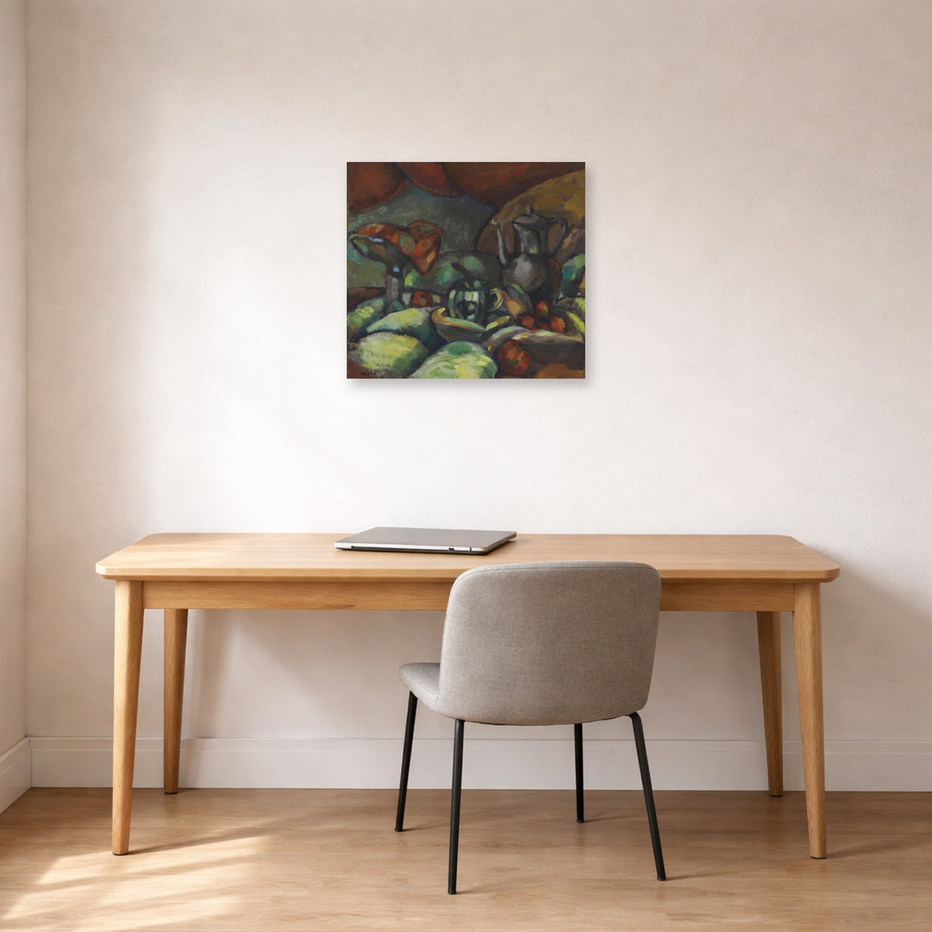 Unframed poster print of Joan Miró's 'La Cafetiere' displayed on a wall in a office