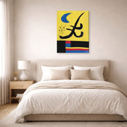 Gallery-wrapped canvas print of Joan Miró's 'La Lune Bleue' displayed on a wall in a bedroom