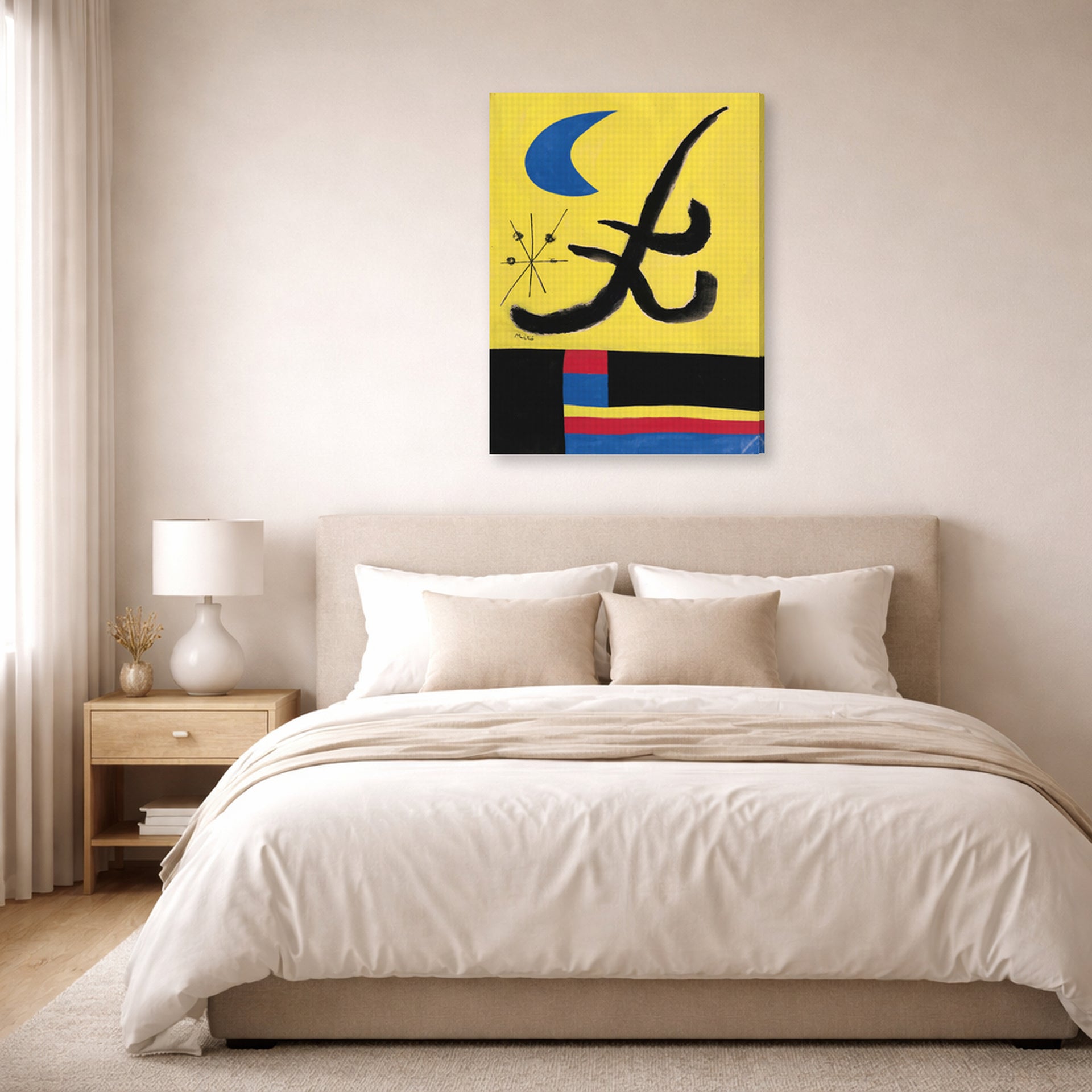 Gallery-wrapped canvas print of Joan Miró's 'La Lune Bleue' displayed on a wall in a bedroom