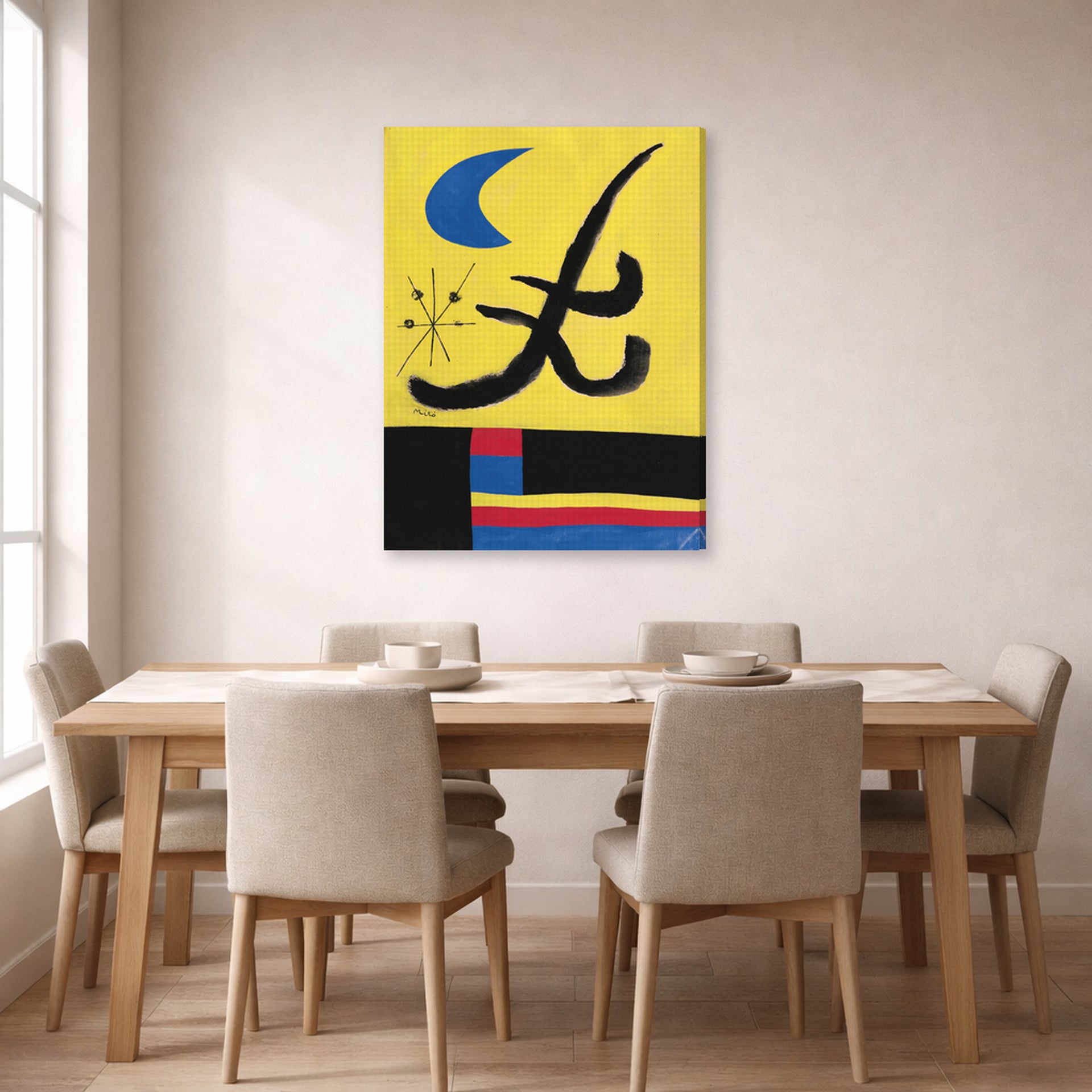 Gallery-wrapped canvas print of Joan Miró's 'La Lune Bleue' displayed on a wall in a dining room