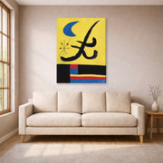 Gallery-wrapped canvas print of Joan Miró's 'La Lune Bleue' displayed on a wall in a living room