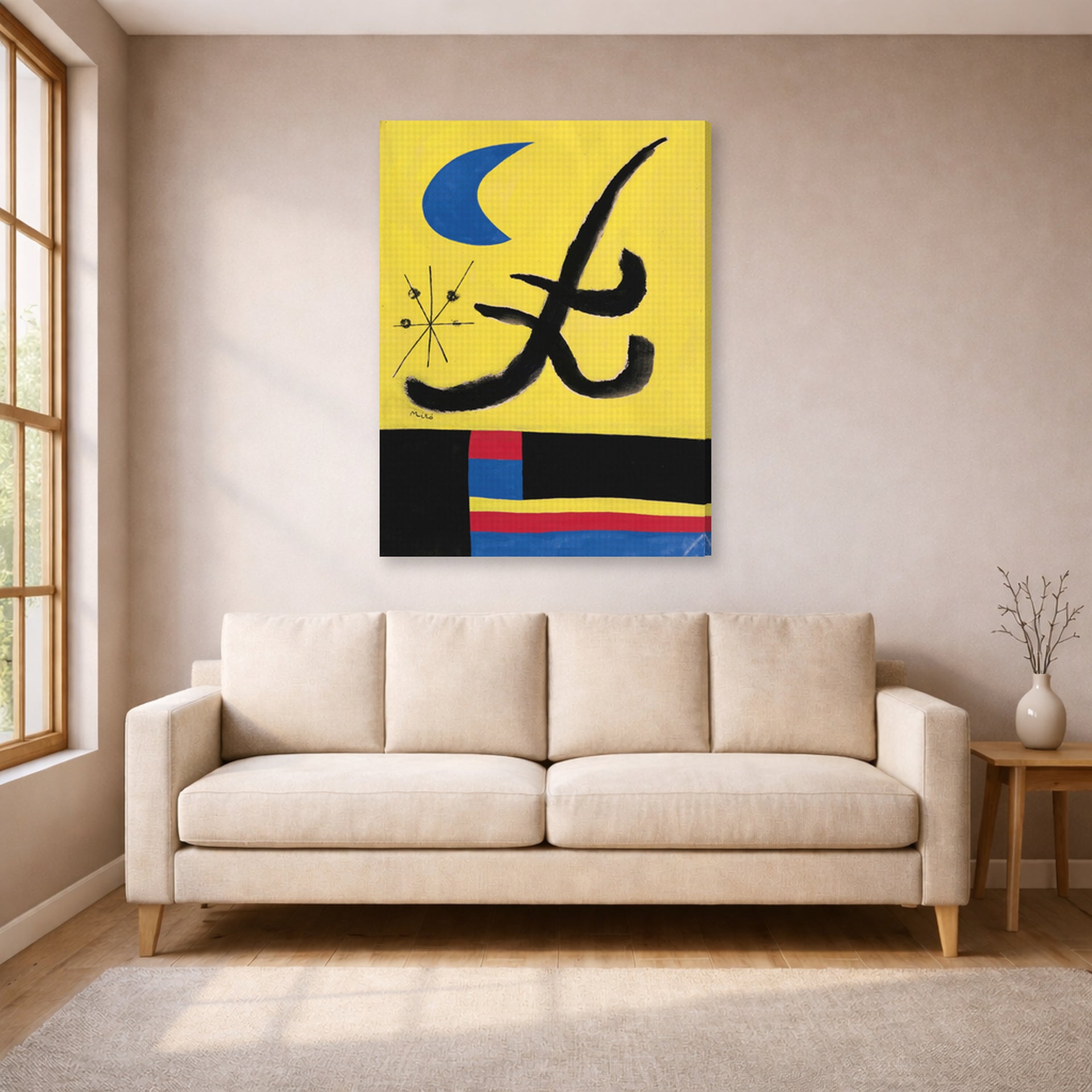 Gallery-wrapped canvas print of Joan Miró's 'La Lune Bleue' displayed on a wall in a living room