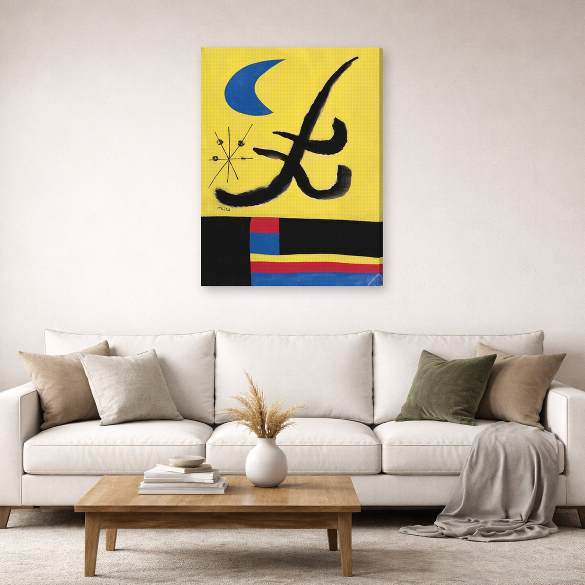 Gallery-wrapped canvas print of Joan Miró's 'La Lune Bleue' displayed on a wall in a living room