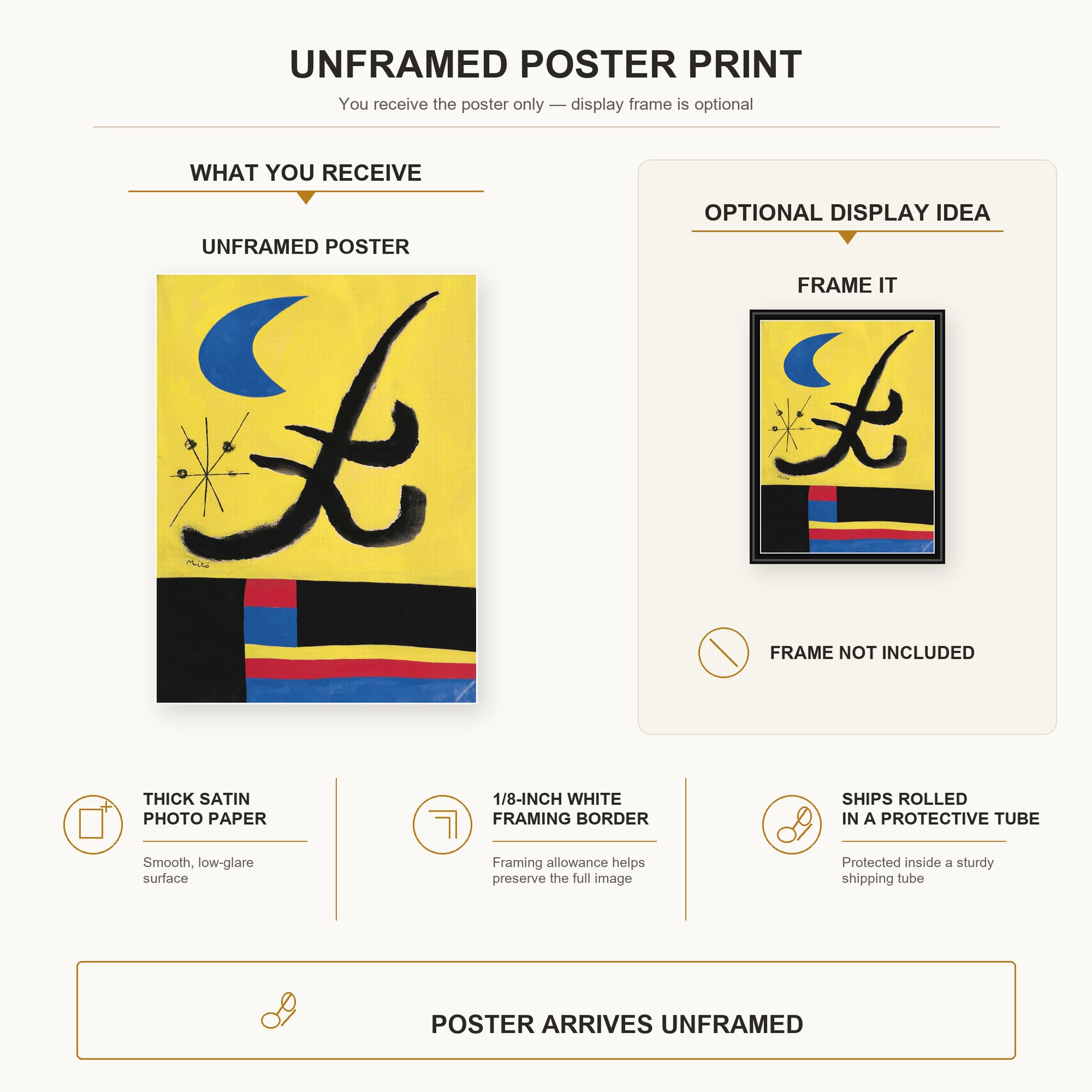 Joan Miró - La Lune Bleue poster print size comparison and framing display infographic