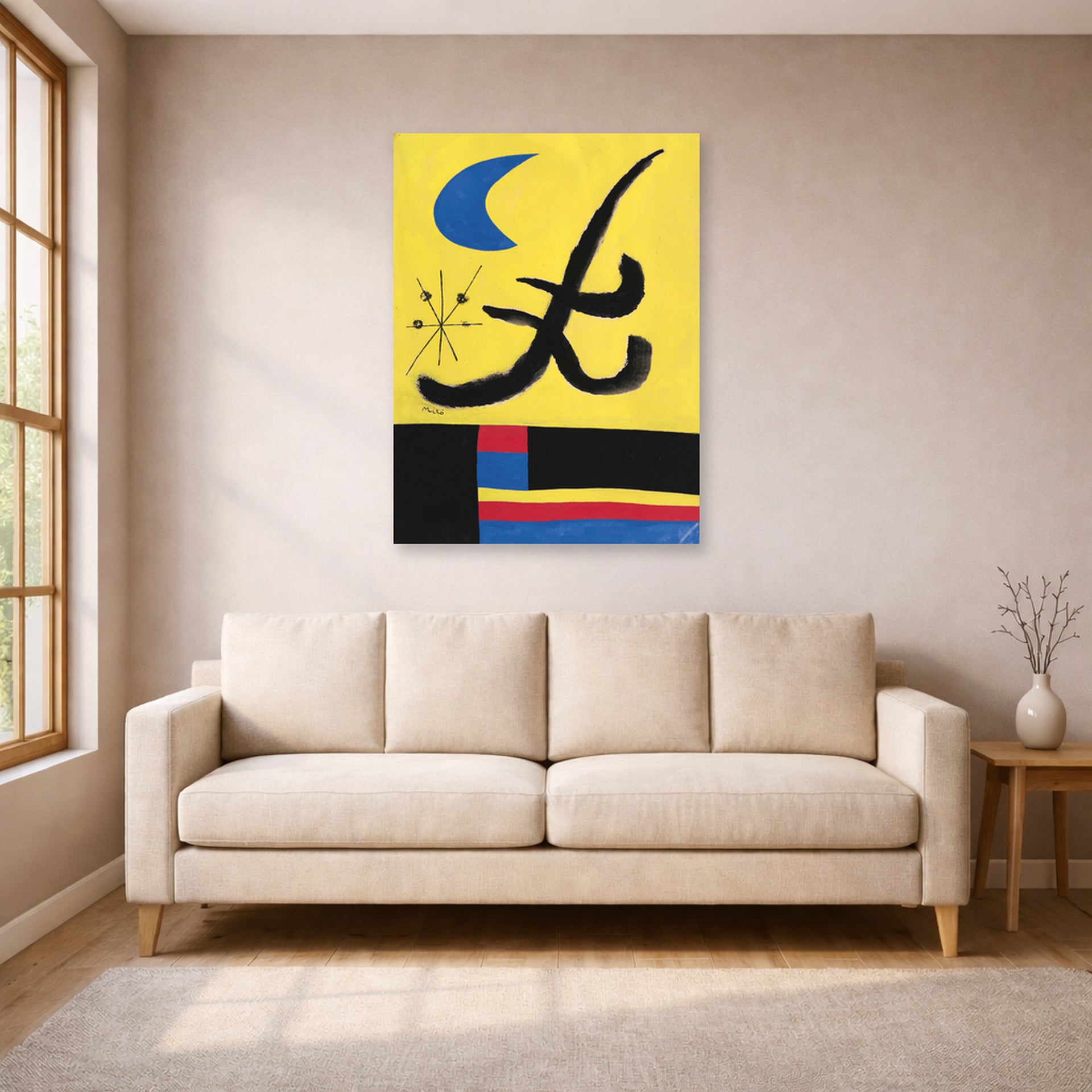 Unframed poster print of Joan Miró's 'La Lune Bleue' displayed on a wall in a living room