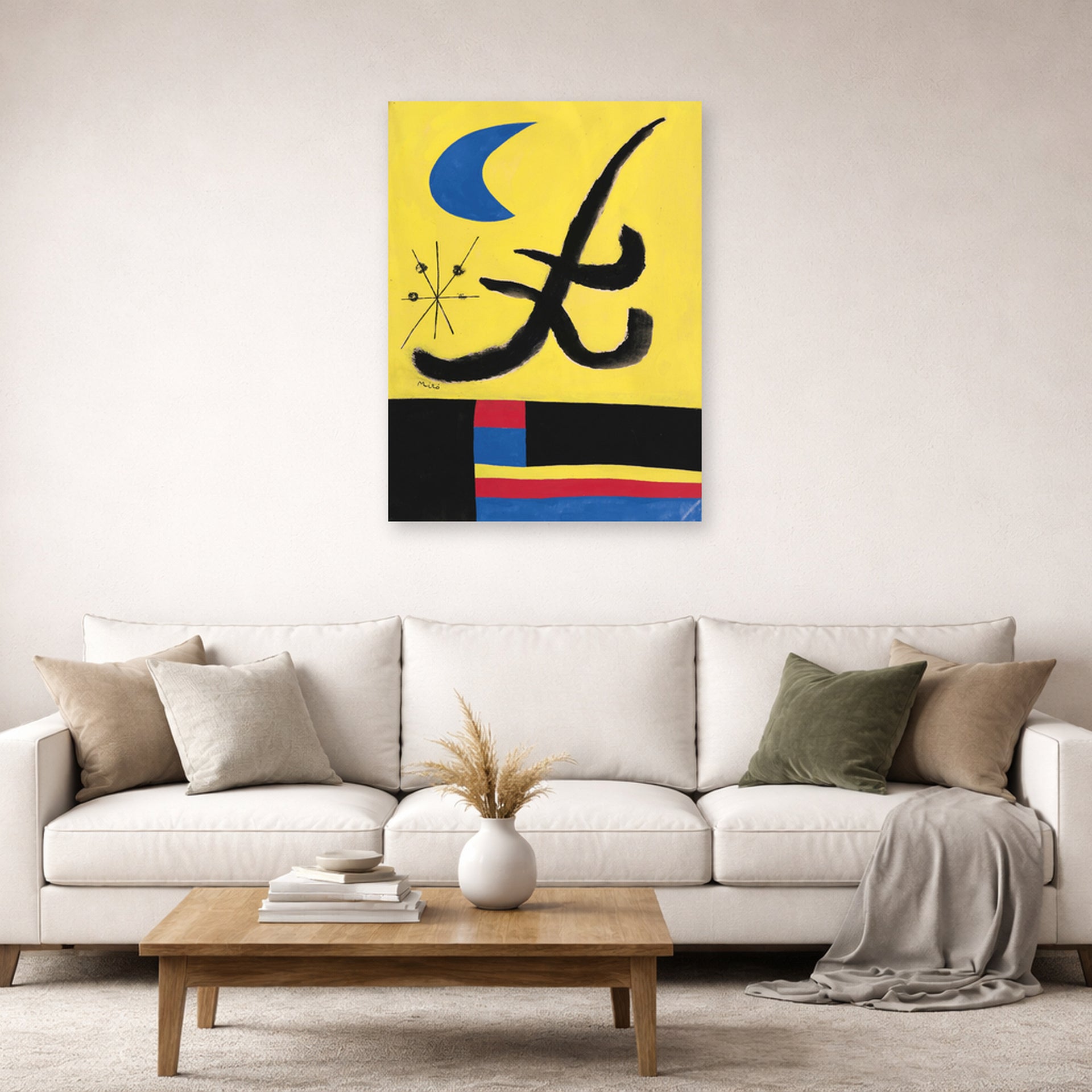 Unframed poster print of Joan Miró's 'La Lune Bleue' displayed on a wall in a living room