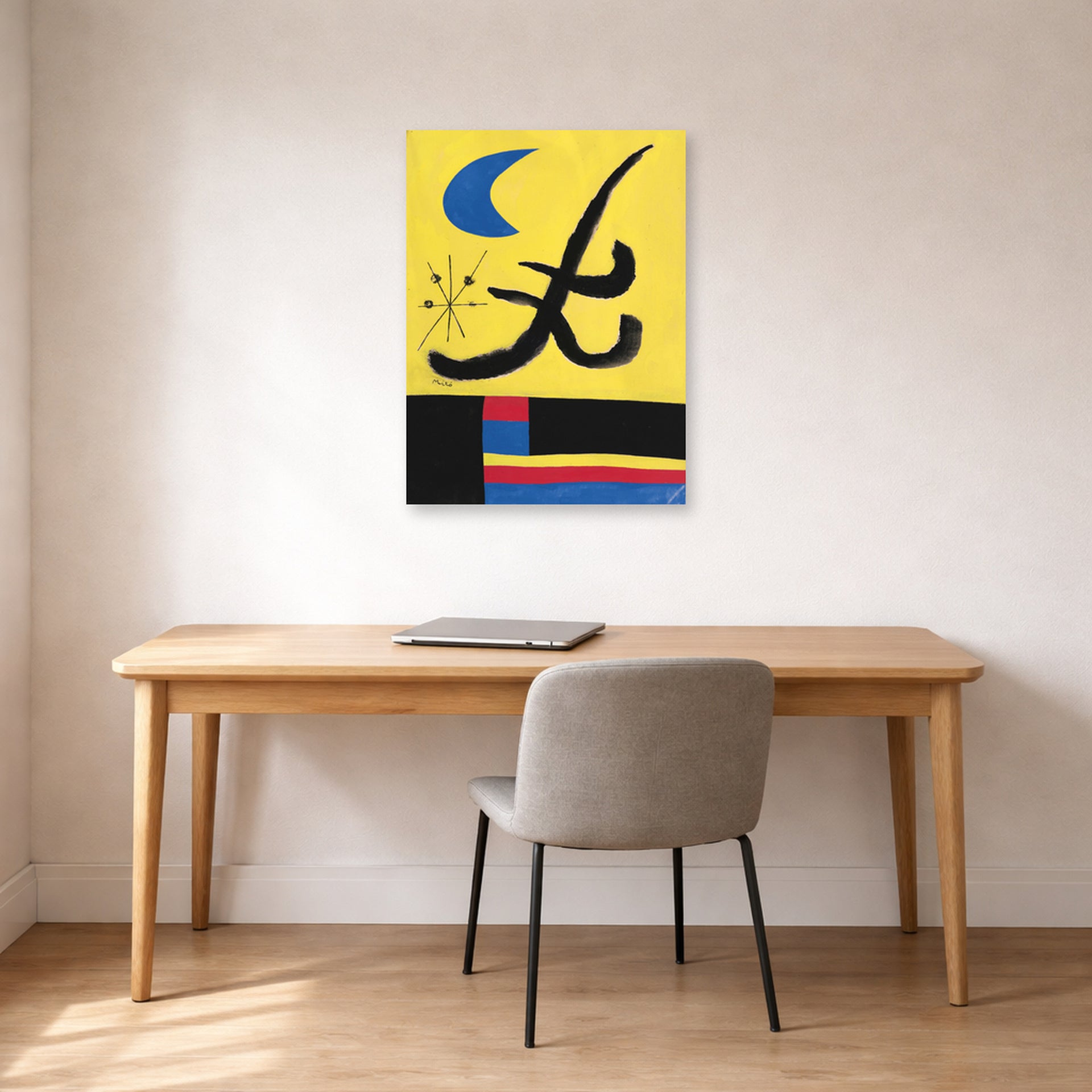 Unframed poster print of Joan Miró's 'La Lune Bleue' displayed on a wall in a office