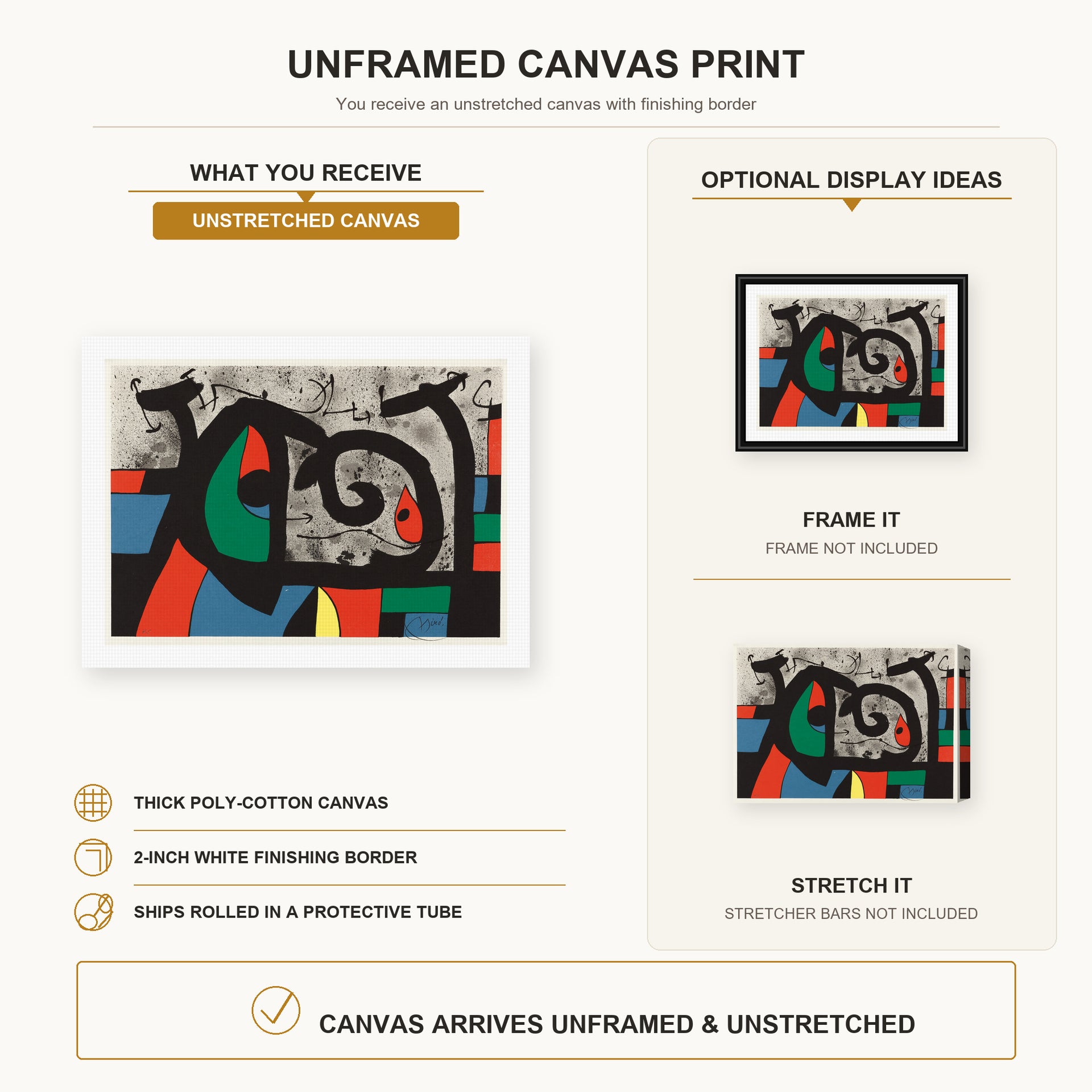 Joan Miró - Le Lezard Aux Plumes D'or canvas print size comparison and framing display infographic