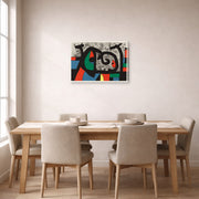 Gallery-wrapped canvas print of Joan Miró's 'Le Lezard Aux Plumes D'or' displayed on a wall in a dining room