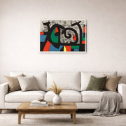 Gallery-wrapped canvas print of Joan Miró's 'Le Lezard Aux Plumes D'or' displayed on a wall in a living room