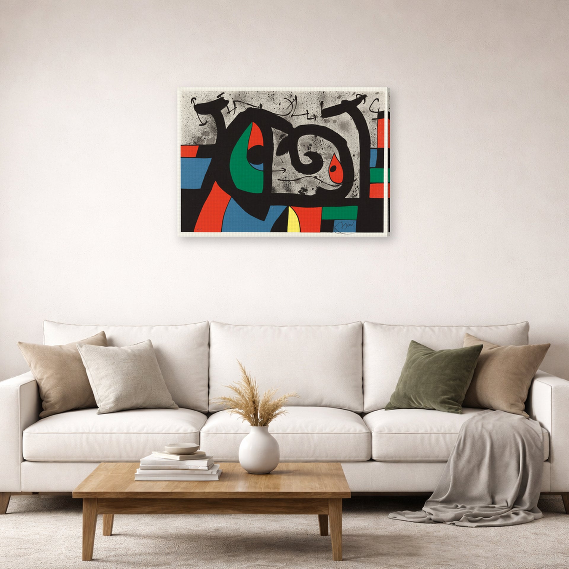 Gallery-wrapped canvas print of Joan Miró's 'Le Lezard Aux Plumes D'or' displayed on a wall in a living room