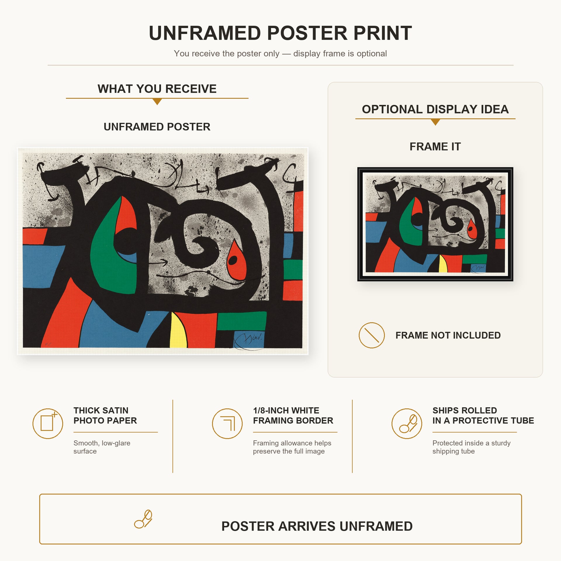 Joan Miró - Le Lezard Aux Plumes D'or poster print size comparison and framing display infographic