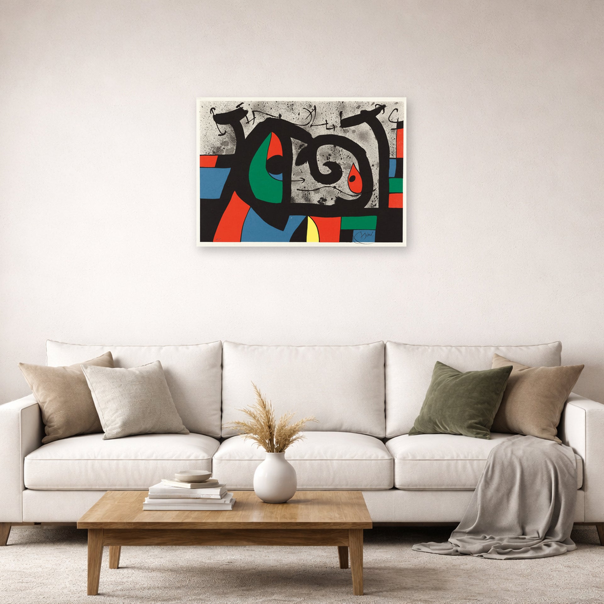 Unframed poster print of Joan Miró's 'Le Lezard Aux Plumes D'or' displayed on a wall in a living room