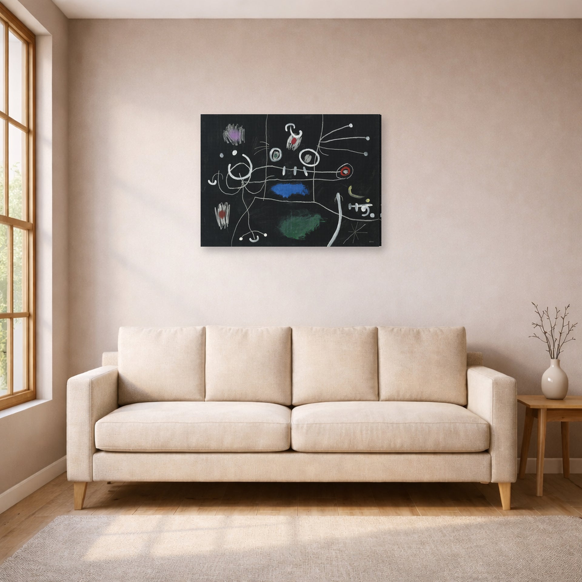 Gallery-wrapped canvas print of Joan Miró's 'Le Mangeur De Gigot' displayed on a wall in a living room