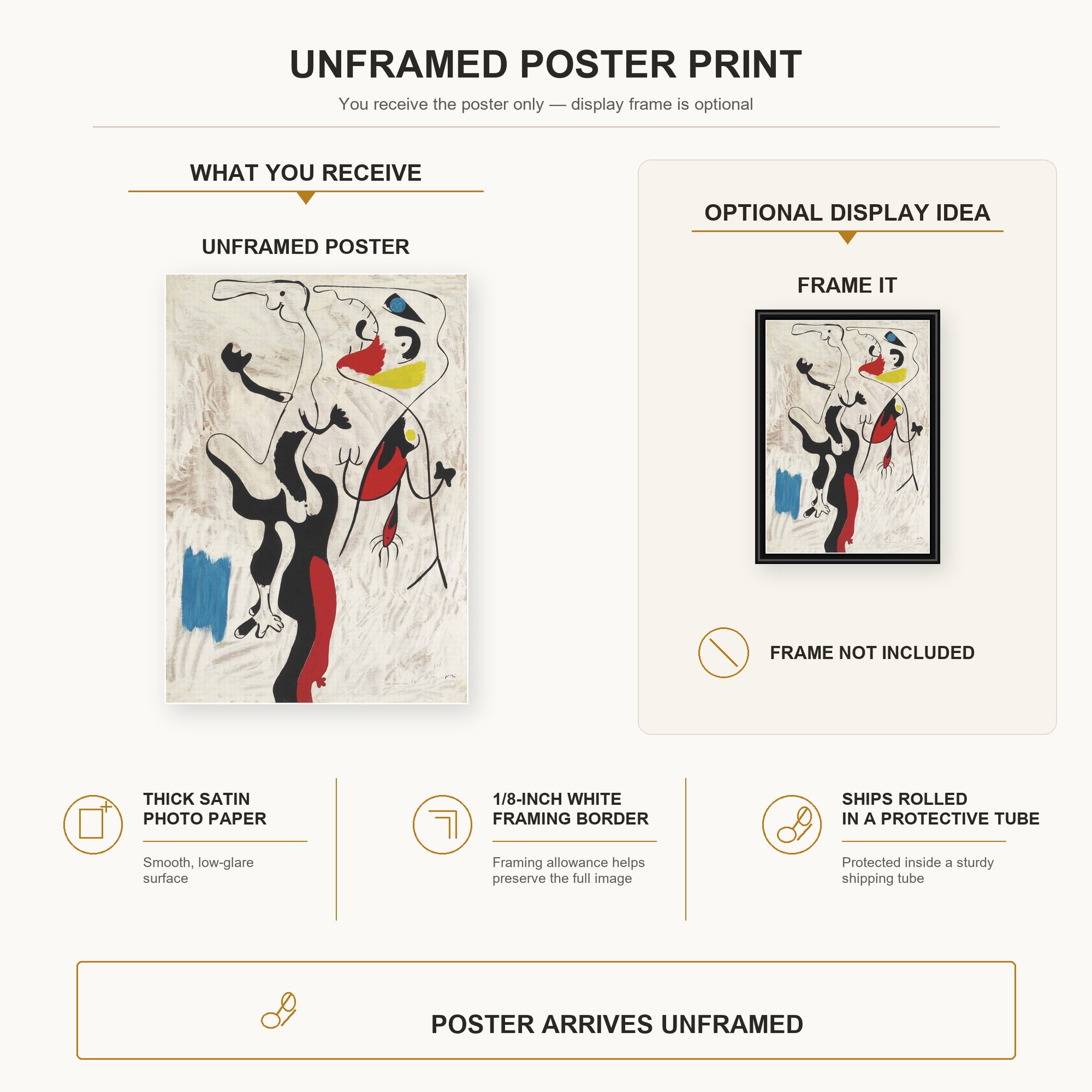 Joan Miró - Man and Woman poster print size comparison and framing display infographic