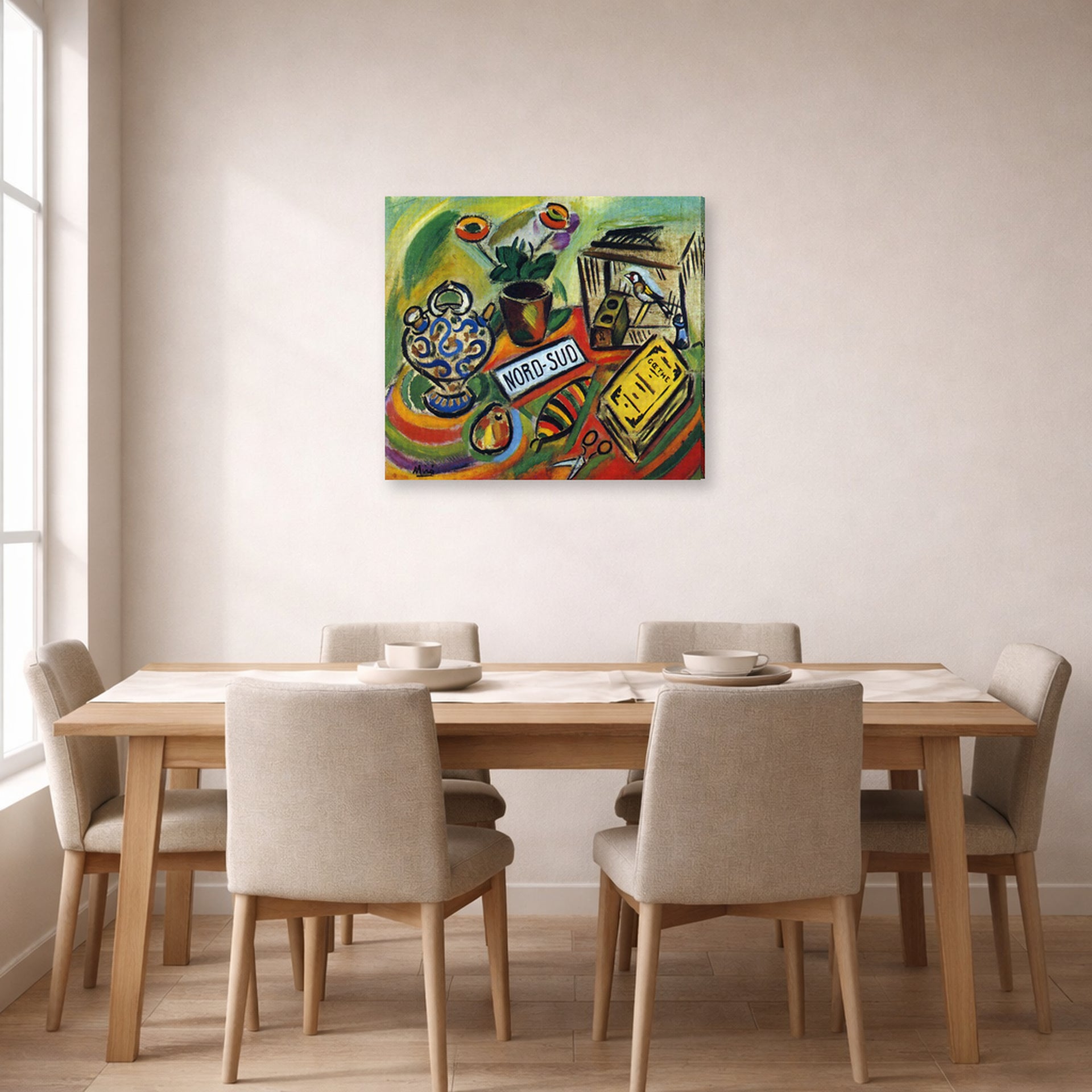 Gallery-wrapped canvas print of Joan Miró's 'North South' displayed on a wall in a dining room